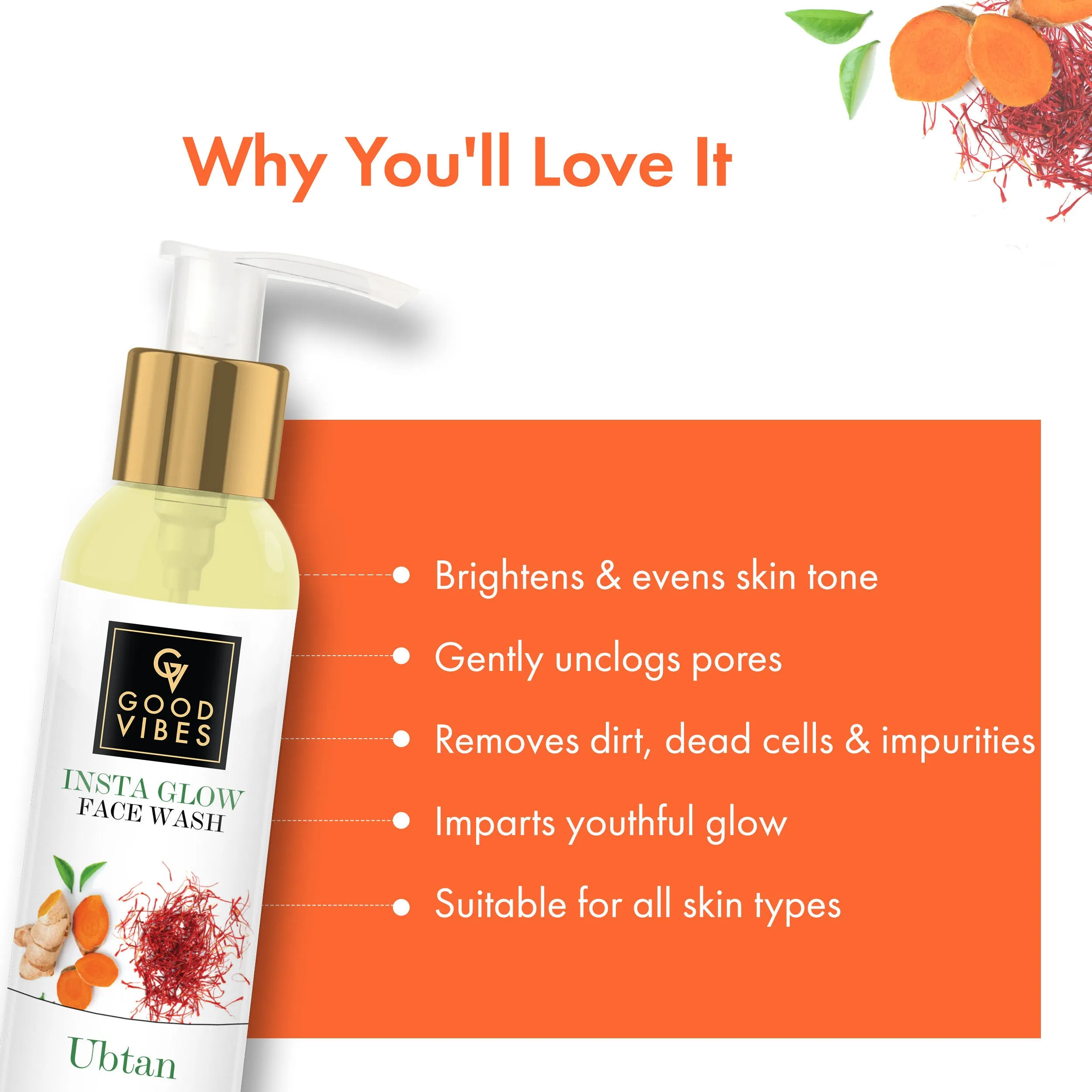 Good Vibes Ubtan Insta Glow Face Wash | Brightening, Cleansing | Vegan, No Parabens, No Mineral Oil, No Animal Testing (120 ml)