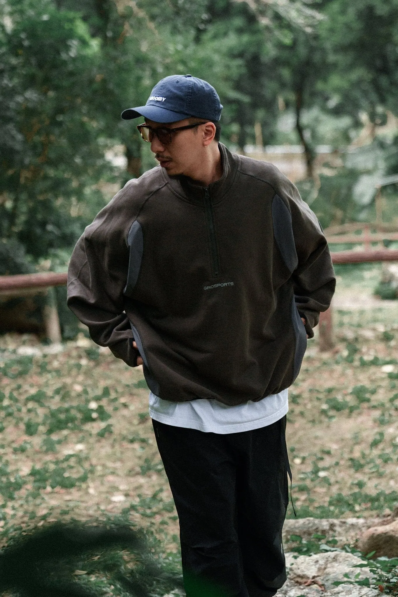 GROSPORTS NYLON PANEL HALF ZIP SWEATER/ CHARCOAL