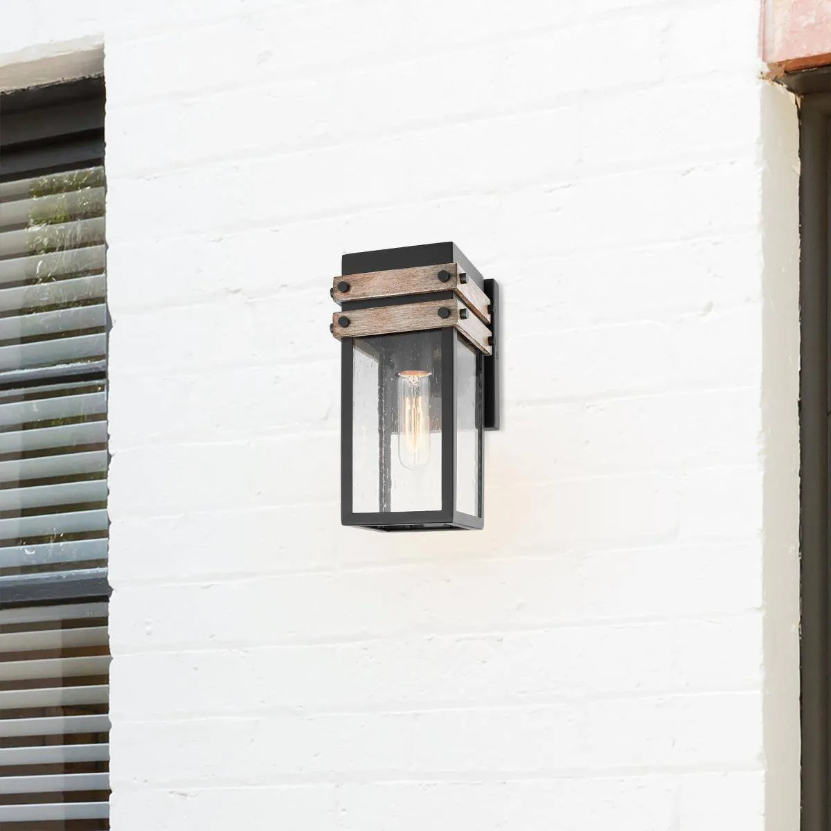 Homestead; 1 Light; Small Wall Lantern; Matte Black & Wood Finish with Clear Seeded Glass