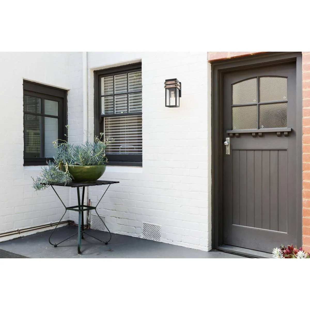 Homestead; 1 Light; Small Wall Lantern; Matte Black & Wood Finish with Clear Seeded Glass