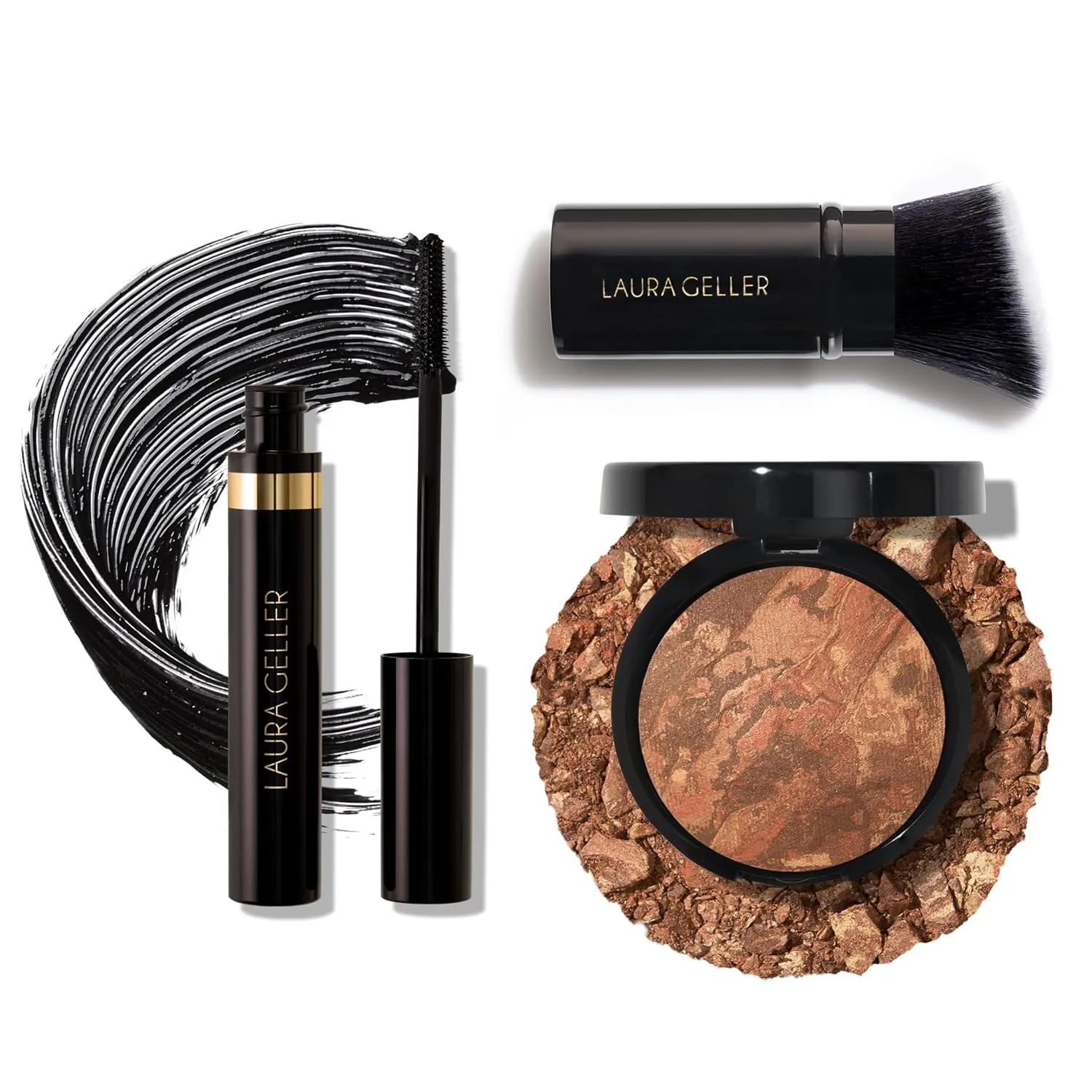 LAURA GELLER NEW YORK Baked Balance-n-Brighten Powder Foundation, Deep   Retractable Angled Kabuki Brush   Kajal Longwear Length and Volume Black Mascara