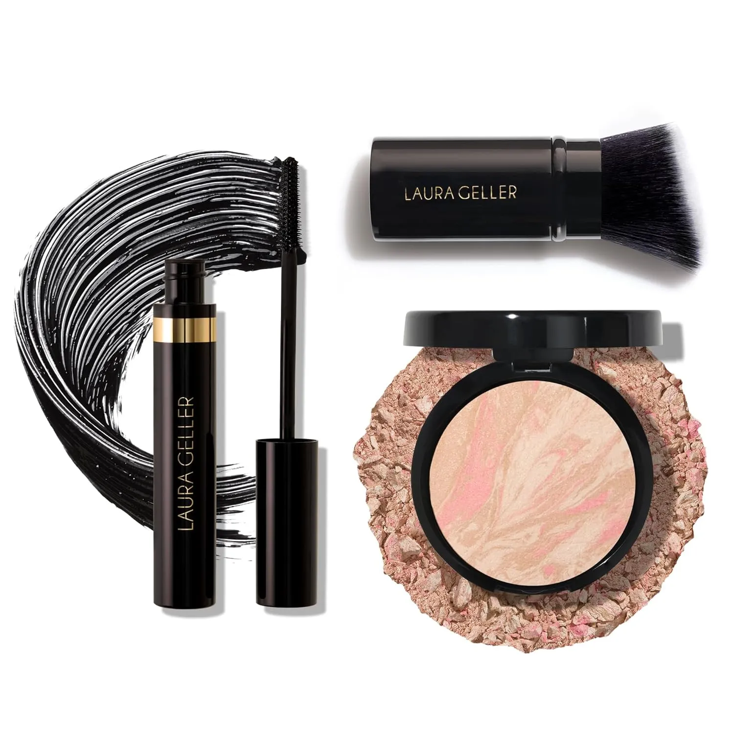 LAURA GELLER NEW YORK Baked Balance-n-Brighten Powder Foundation, Porcelain   Retractable Angled Kabuki Brush   Kajal Longwear Length and Volume Black Mascara