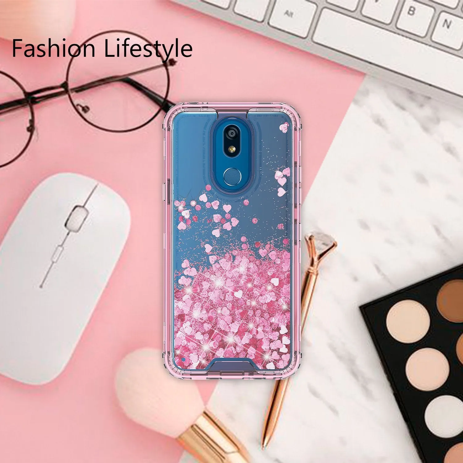 LG Prime 2/Aristo 4 /Aristo 4 Plus Case,Hard Clear Glitter Sparkle Flowing Liquid Heavy Duty Shockproof Three Layer Protective Bling Girls Women Cases for LG Prime 2/Aristo 4 /Aristo 4 Plus - Pink