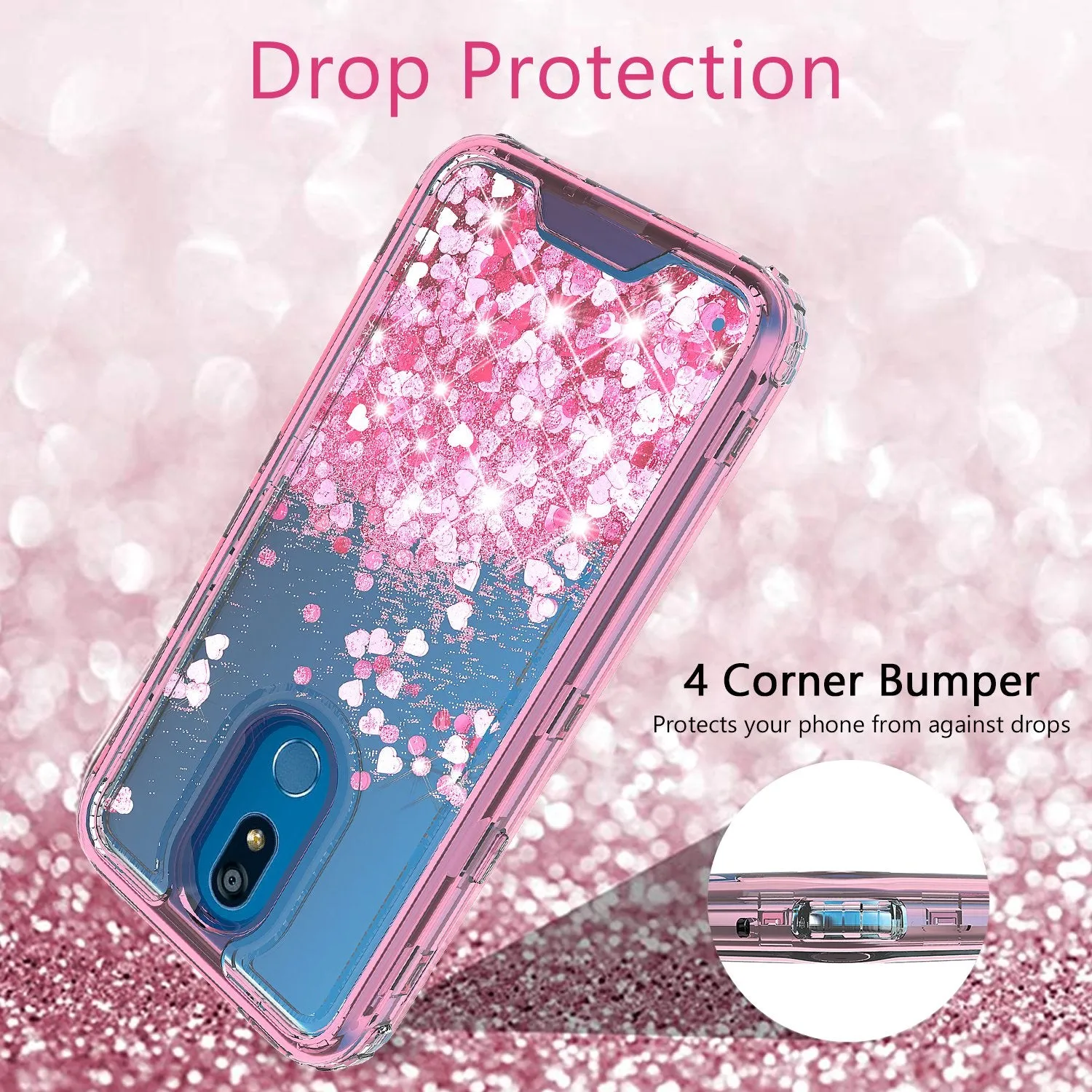 LG Prime 2/Aristo 4 /Aristo 4 Plus Case,Hard Clear Glitter Sparkle Flowing Liquid Heavy Duty Shockproof Three Layer Protective Bling Girls Women Cases for LG Prime 2/Aristo 4 /Aristo 4 Plus - Pink