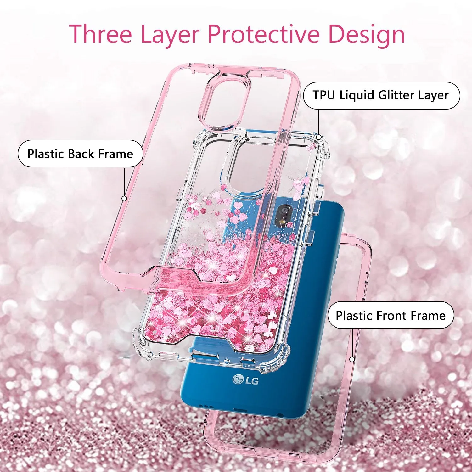 LG Prime 2/Aristo 4 /Aristo 4 Plus Case,Hard Clear Glitter Sparkle Flowing Liquid Heavy Duty Shockproof Three Layer Protective Bling Girls Women Cases for LG Prime 2/Aristo 4 /Aristo 4 Plus - Pink