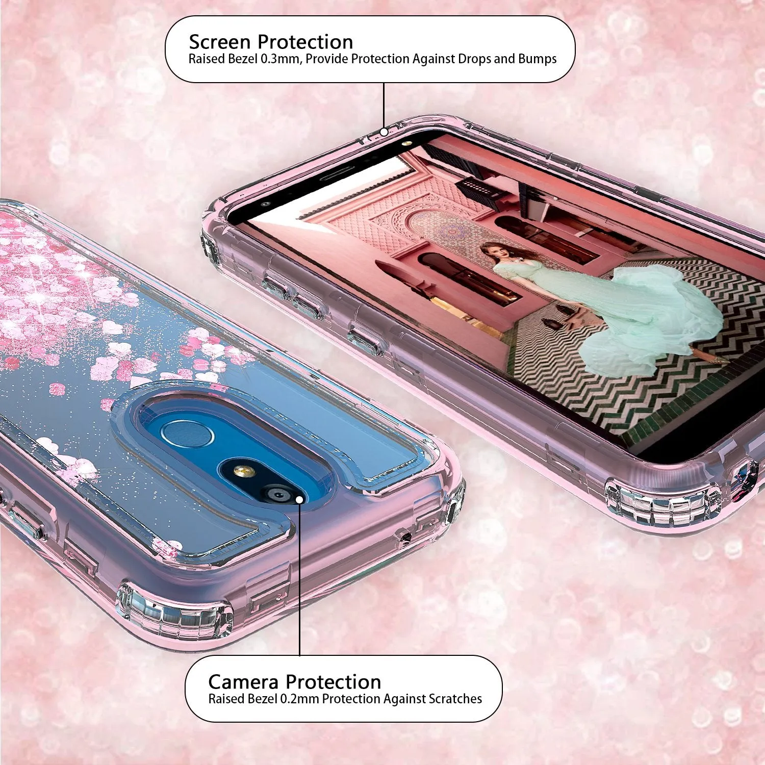 LG Prime 2/Aristo 4 /Aristo 4 Plus Case,Hard Clear Glitter Sparkle Flowing Liquid Heavy Duty Shockproof Three Layer Protective Bling Girls Women Cases for LG Prime 2/Aristo 4 /Aristo 4 Plus - Pink