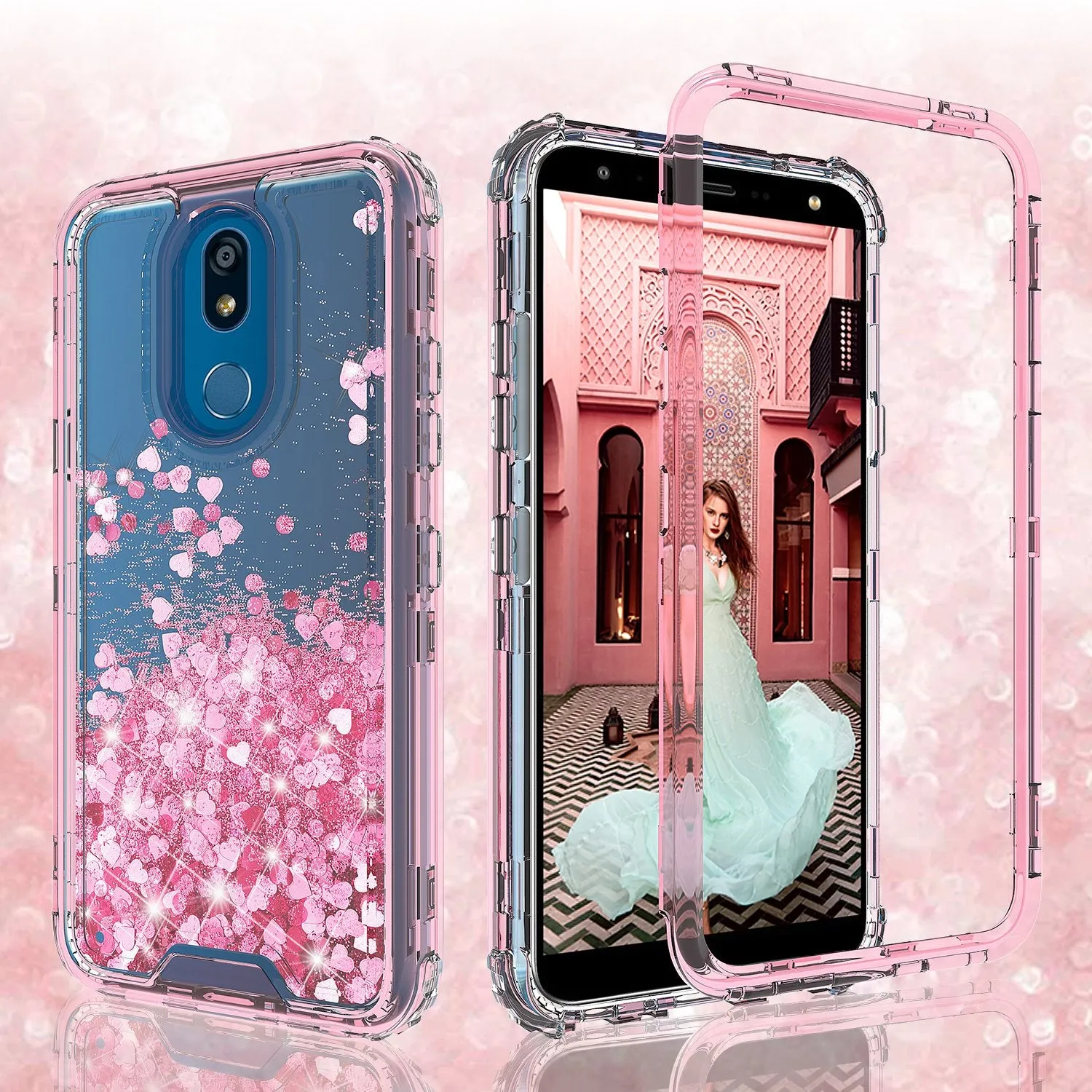 LG Prime 2/Aristo 4 /Aristo 4 Plus Case,Hard Clear Glitter Sparkle Flowing Liquid Heavy Duty Shockproof Three Layer Protective Bling Girls Women Cases for LG Prime 2/Aristo 4 /Aristo 4 Plus - Pink