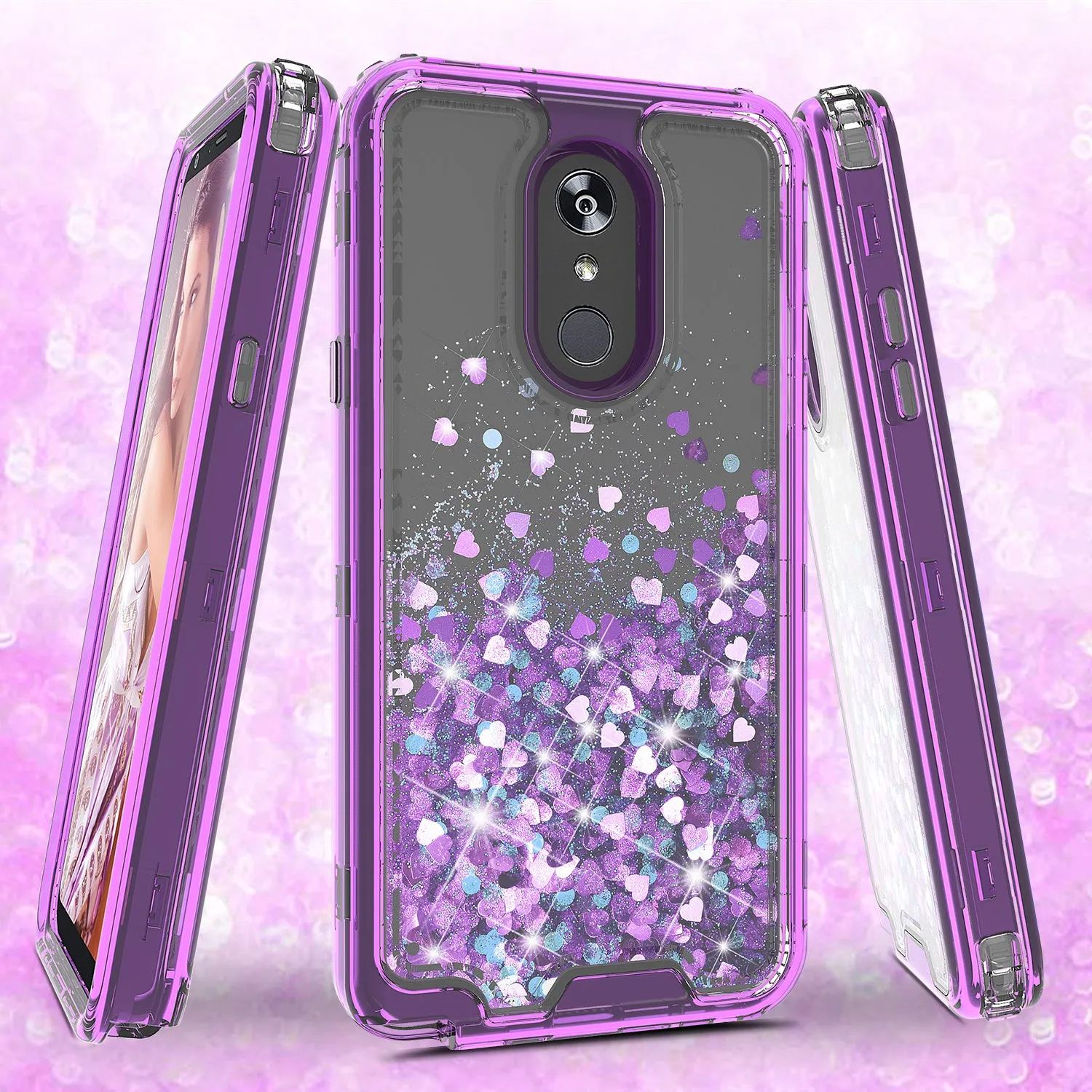 LG Stylo 5 Case,Hard Clear Glitter Sparkle Flowing Liquid Heavy Duty Shockproof Three Layer Protective Bling Girls Women Cases for LG Stylo 5 - Purple