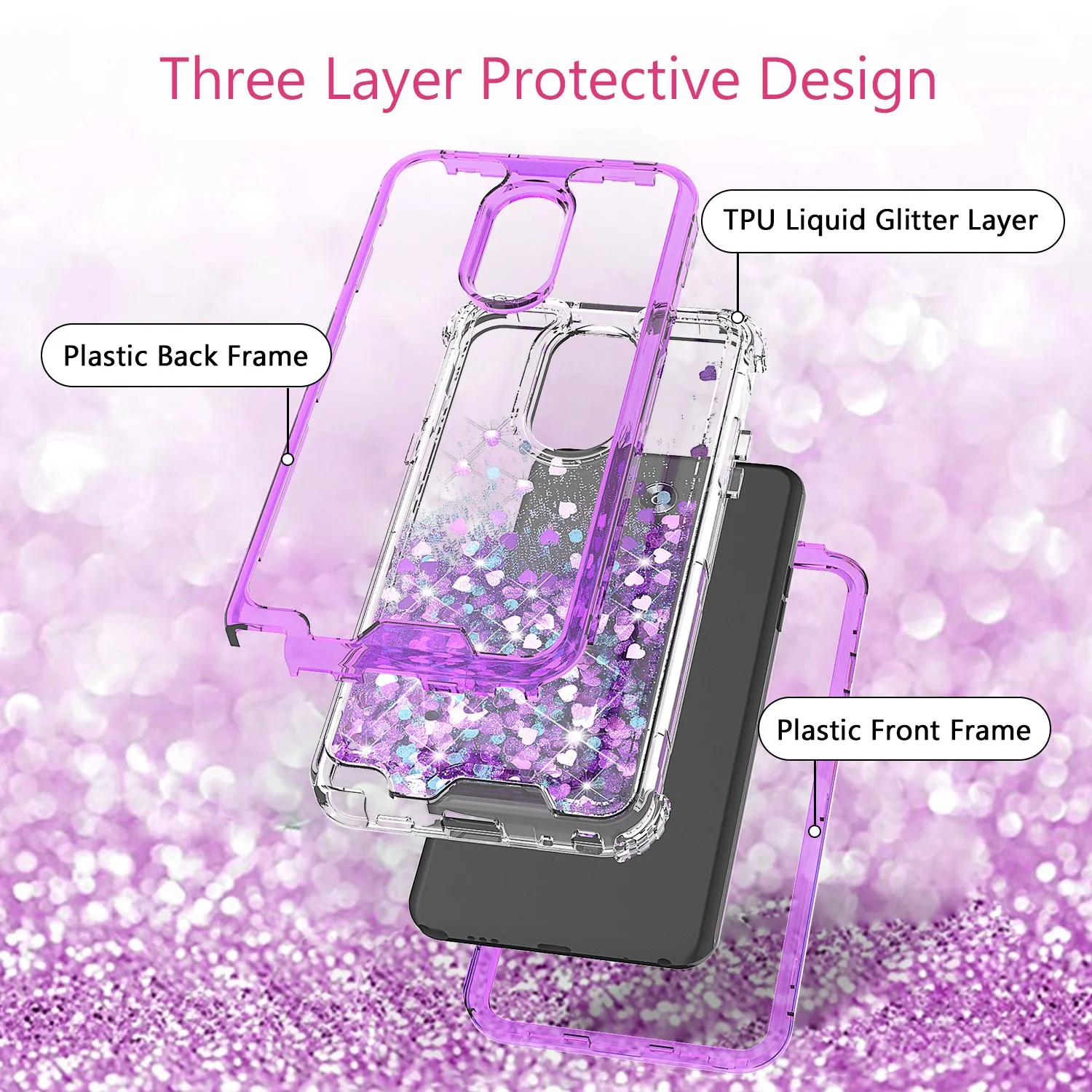 LG Stylo 5 Case,Hard Clear Glitter Sparkle Flowing Liquid Heavy Duty Shockproof Three Layer Protective Bling Girls Women Cases for LG Stylo 5 - Purple