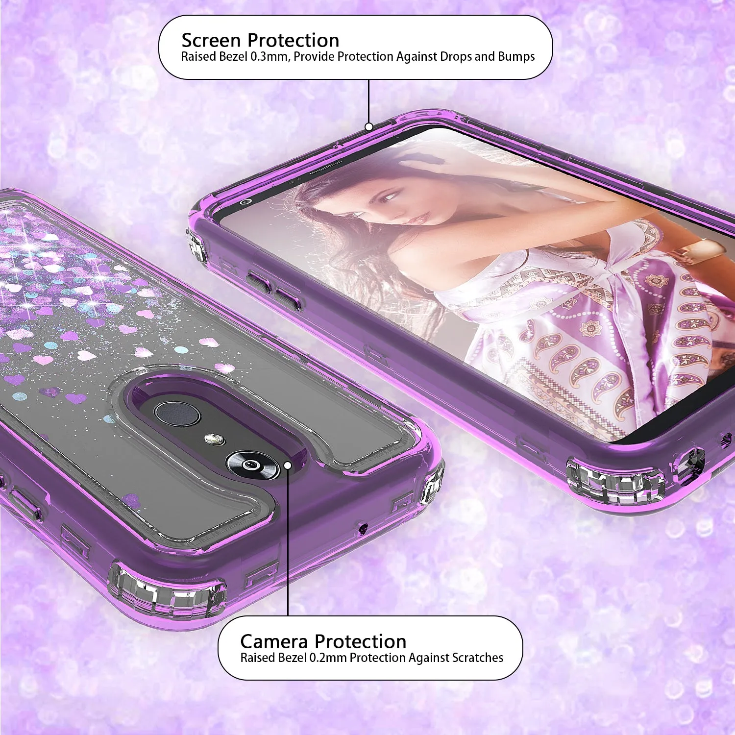 LG Stylo 5 Case,Hard Clear Glitter Sparkle Flowing Liquid Heavy Duty Shockproof Three Layer Protective Bling Girls Women Cases for LG Stylo 5 - Purple