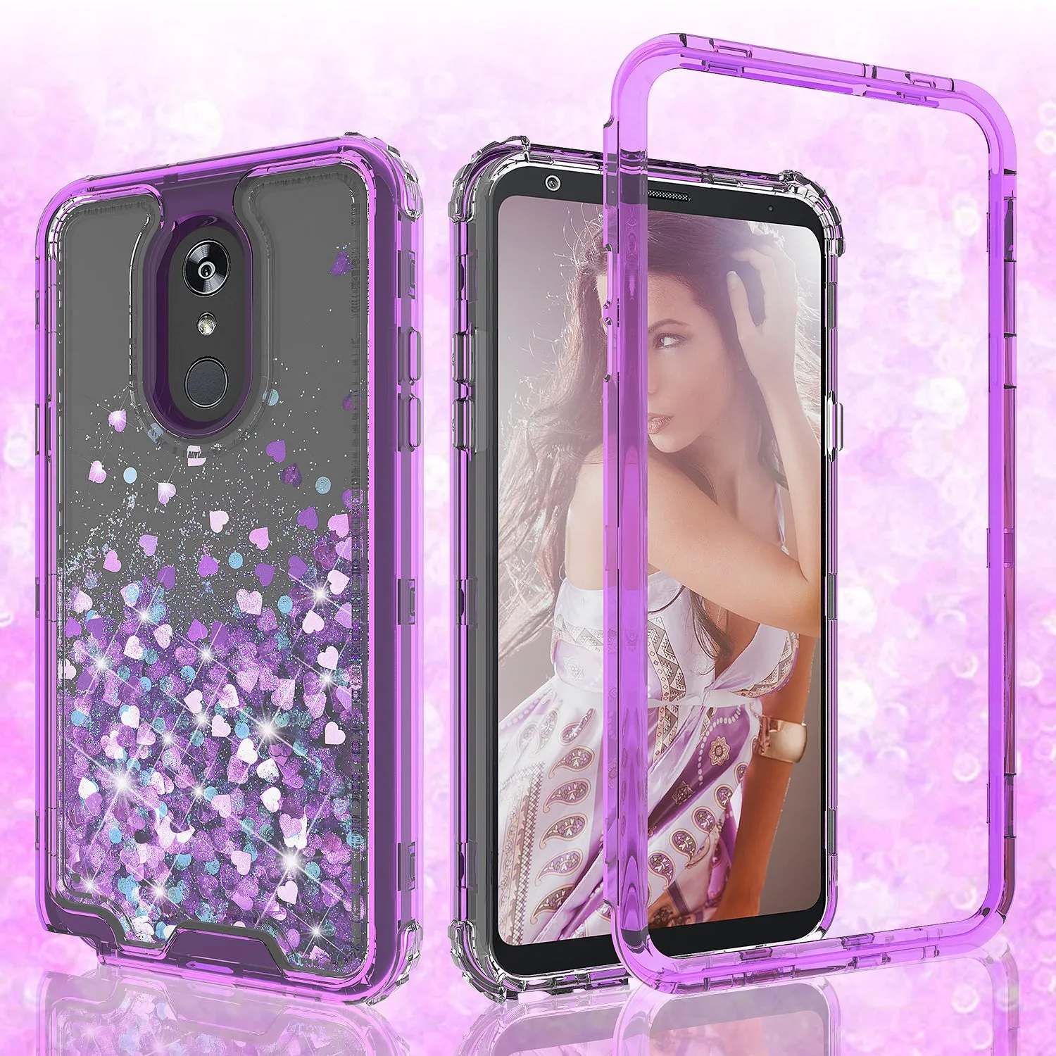 LG Stylo 5 Case,Hard Clear Glitter Sparkle Flowing Liquid Heavy Duty Shockproof Three Layer Protective Bling Girls Women Cases for LG Stylo 5 - Purple