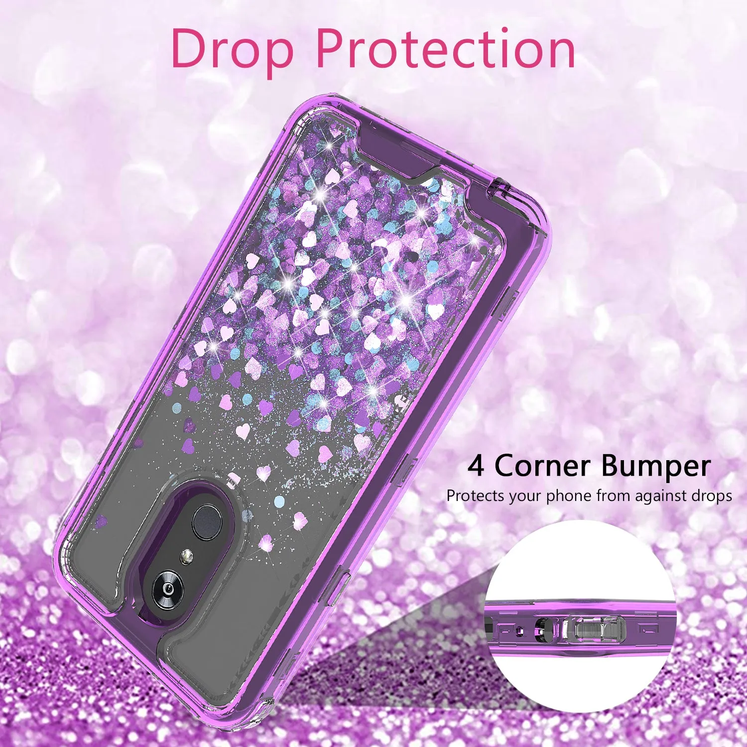 LG Stylo 5 Case,Hard Clear Glitter Sparkle Flowing Liquid Heavy Duty Shockproof Three Layer Protective Bling Girls Women Cases for LG Stylo 5 - Purple