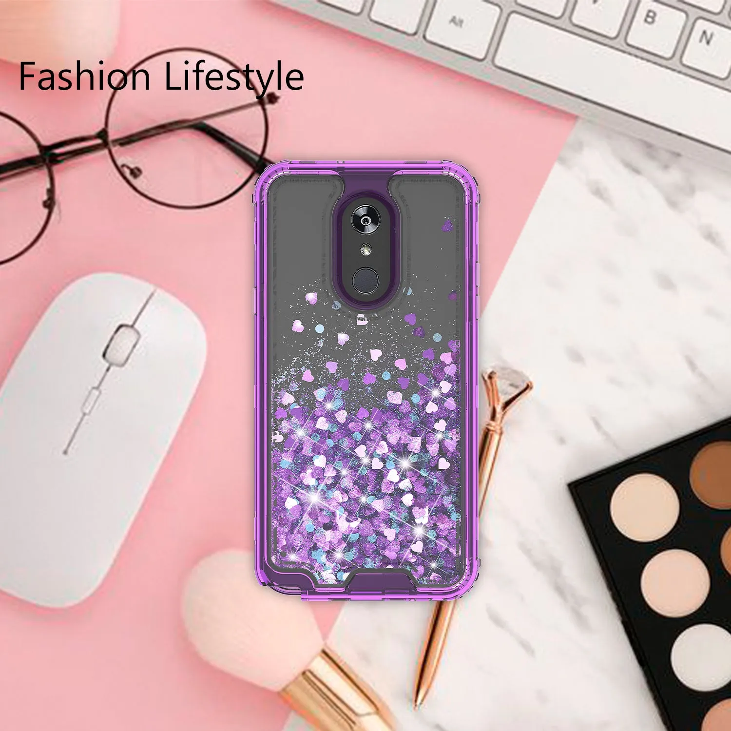 LG Stylo 5 Case,Hard Clear Glitter Sparkle Flowing Liquid Heavy Duty Shockproof Three Layer Protective Bling Girls Women Cases for LG Stylo 5 - Purple