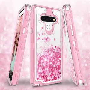 LG Stylo 6 Case,Hard Clear Glitter Sparkle Flowing Liquid Heavy Duty Shockproof Three Layer Protective Bling Girls Women Cases for LG Stylo 6 - Pink