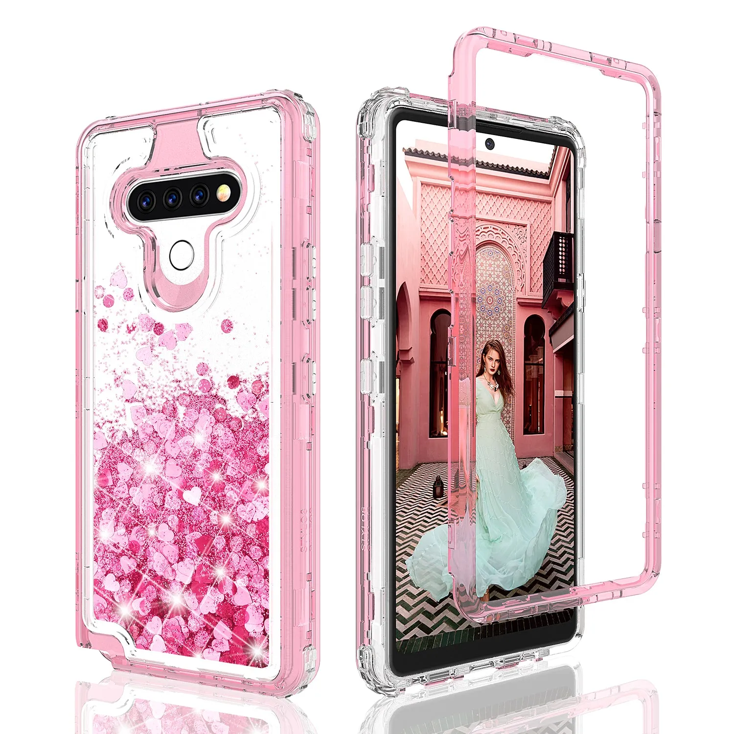 LG Stylo 6 Case,Hard Clear Glitter Sparkle Flowing Liquid Heavy Duty Shockproof Three Layer Protective Bling Girls Women Cases for LG Stylo 6 - Pink