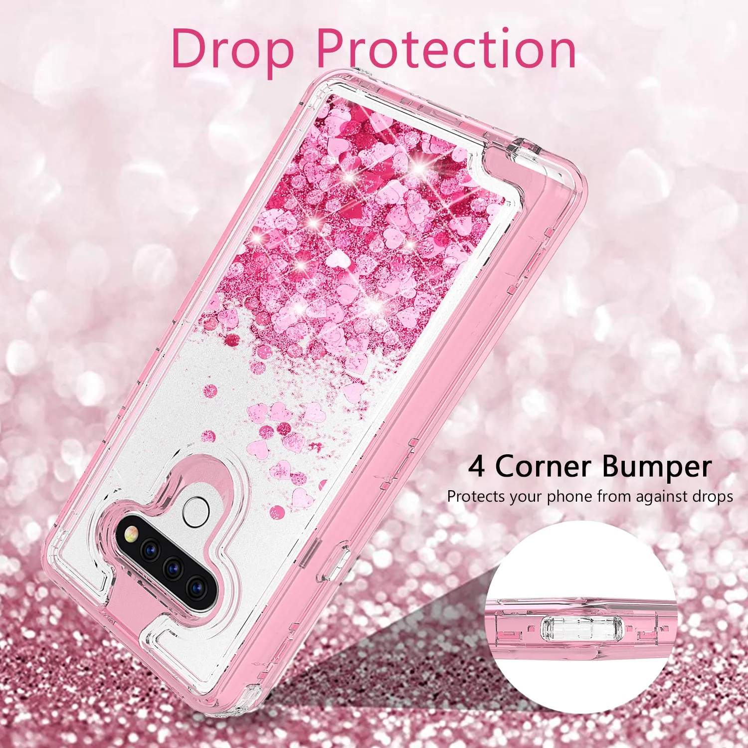 LG Stylo 6 Case,Hard Clear Glitter Sparkle Flowing Liquid Heavy Duty Shockproof Three Layer Protective Bling Girls Women Cases for LG Stylo 6 - Pink