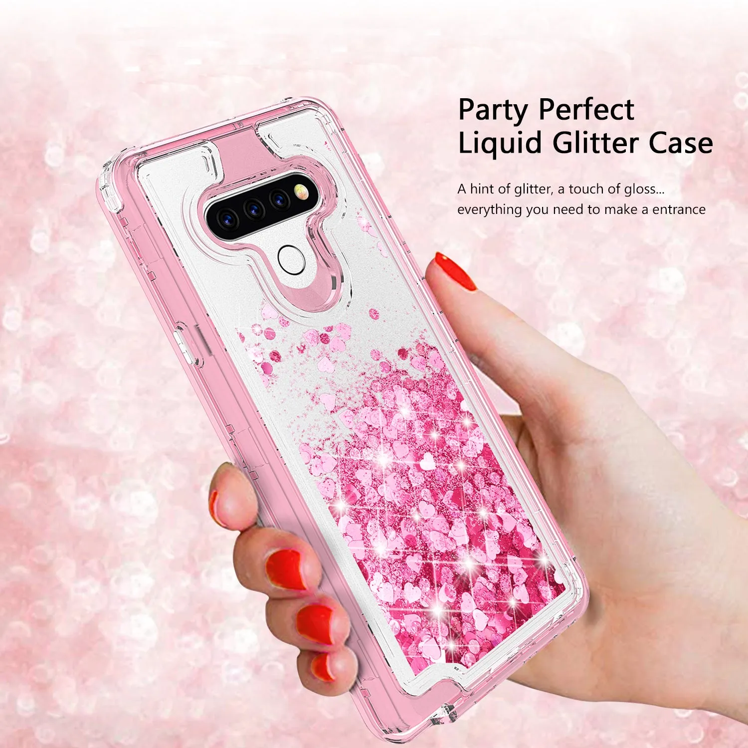LG Stylo 6 Case,Hard Clear Glitter Sparkle Flowing Liquid Heavy Duty Shockproof Three Layer Protective Bling Girls Women Cases for LG Stylo 6 - Pink