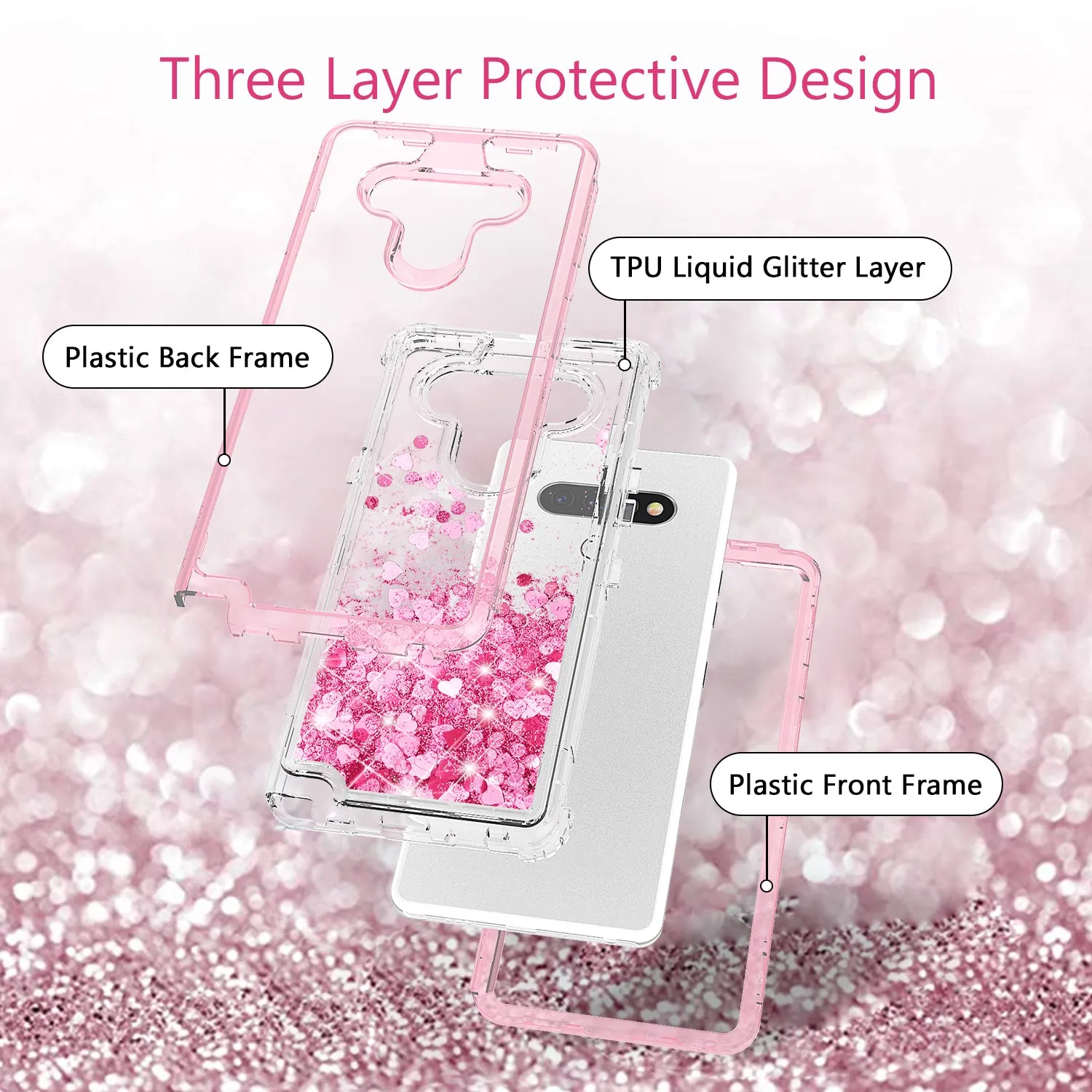 LG Stylo 6 Case,Hard Clear Glitter Sparkle Flowing Liquid Heavy Duty Shockproof Three Layer Protective Bling Girls Women Cases for LG Stylo 6 - Pink