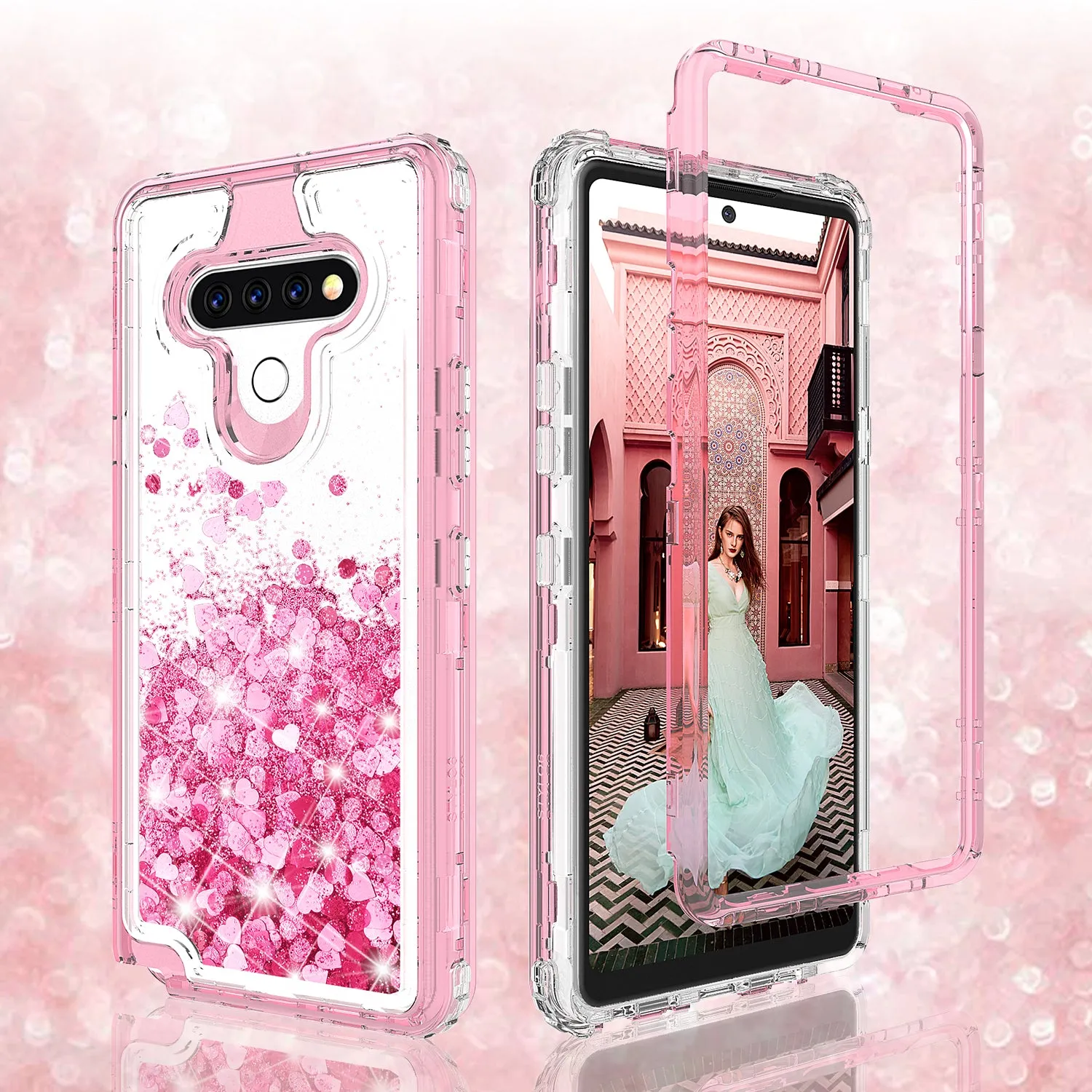 LG Stylo 6 Case,Hard Clear Glitter Sparkle Flowing Liquid Heavy Duty Shockproof Three Layer Protective Bling Girls Women Cases for LG Stylo 6 - Pink
