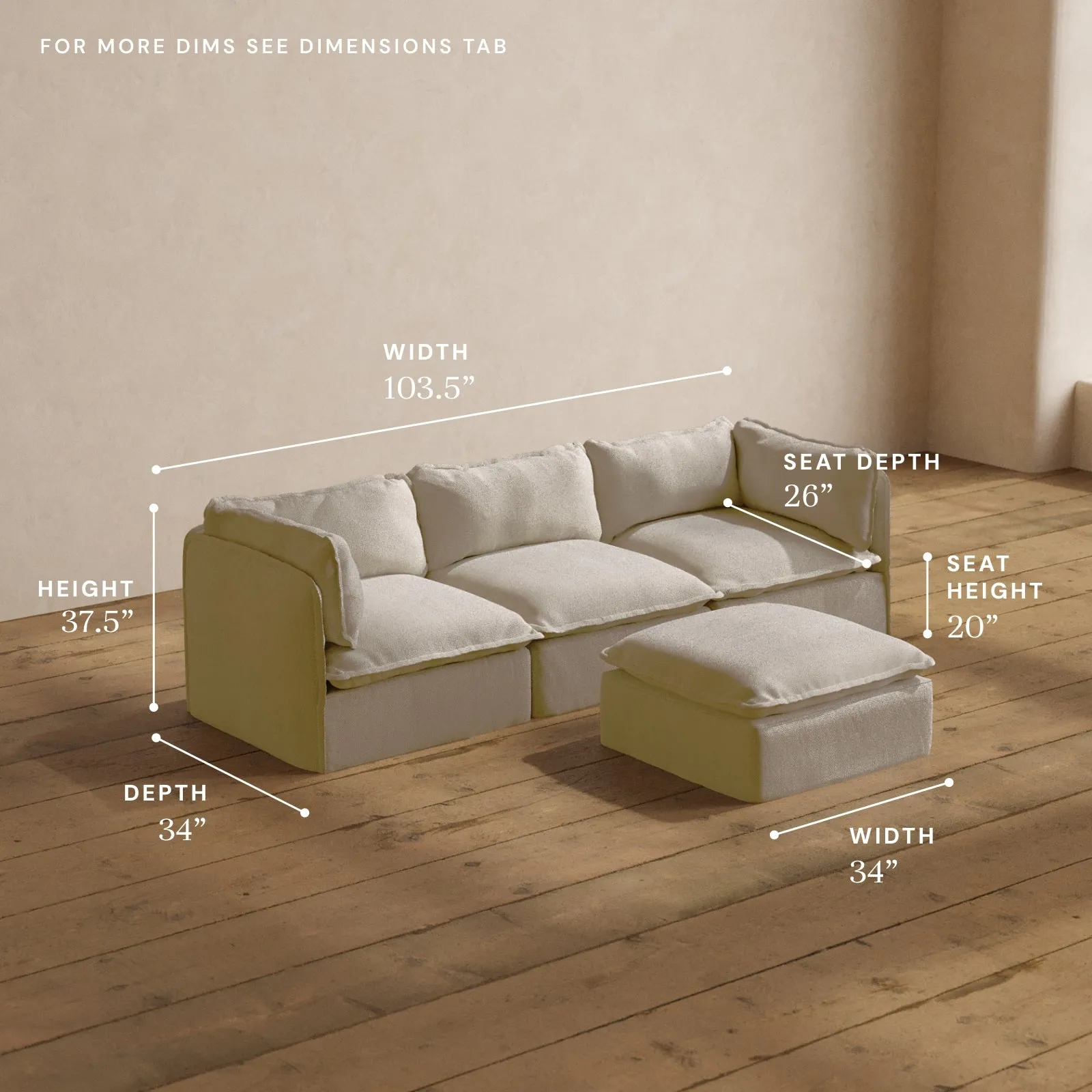 Modular Washable 3-Seater   Ottoman in Powder | Memorix  Seat | Contour Pillow