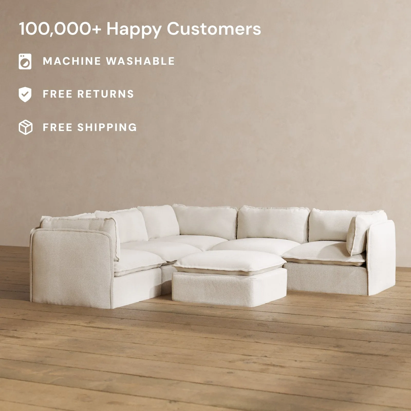 Modular Washable 4-Seater Corner Sectional   Ottoman in Powder | Deluxe  Seat | Contour Pillow