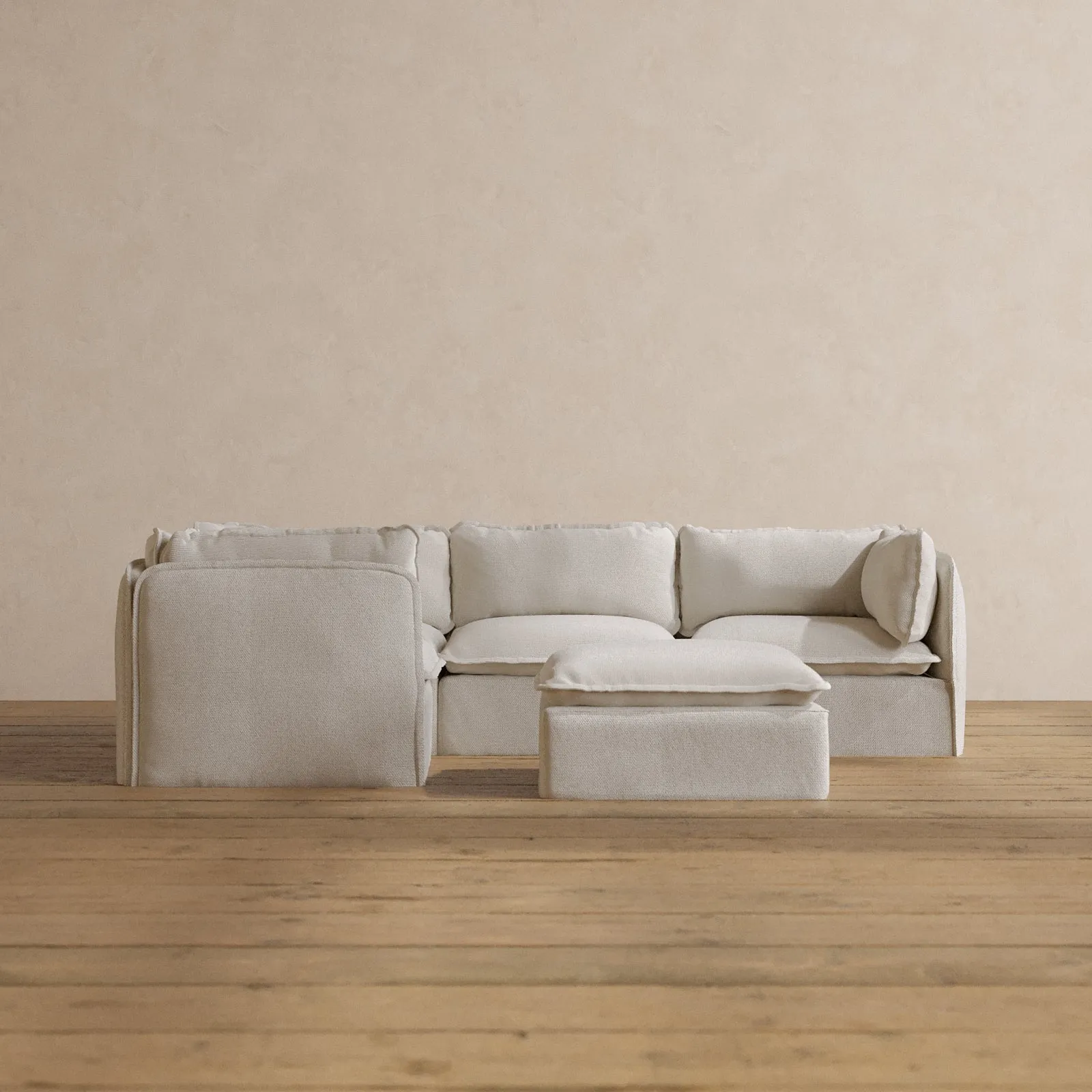 Modular Washable 4-Seater Corner Sectional   Ottoman in Powder | Memorix  Seat | Contour Pillow