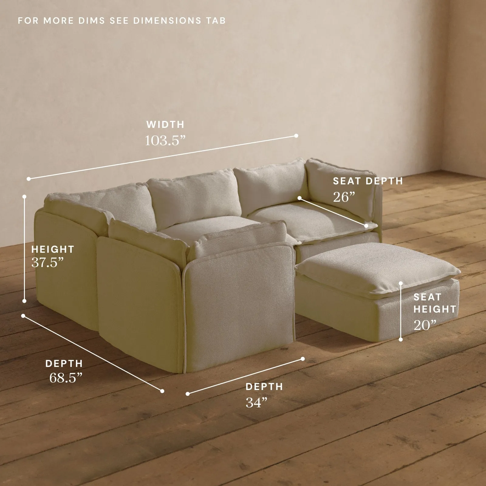 Modular Washable 4-Seater Corner Sectional   Ottoman in Powder | Memorix  Seat | Contour Pillow