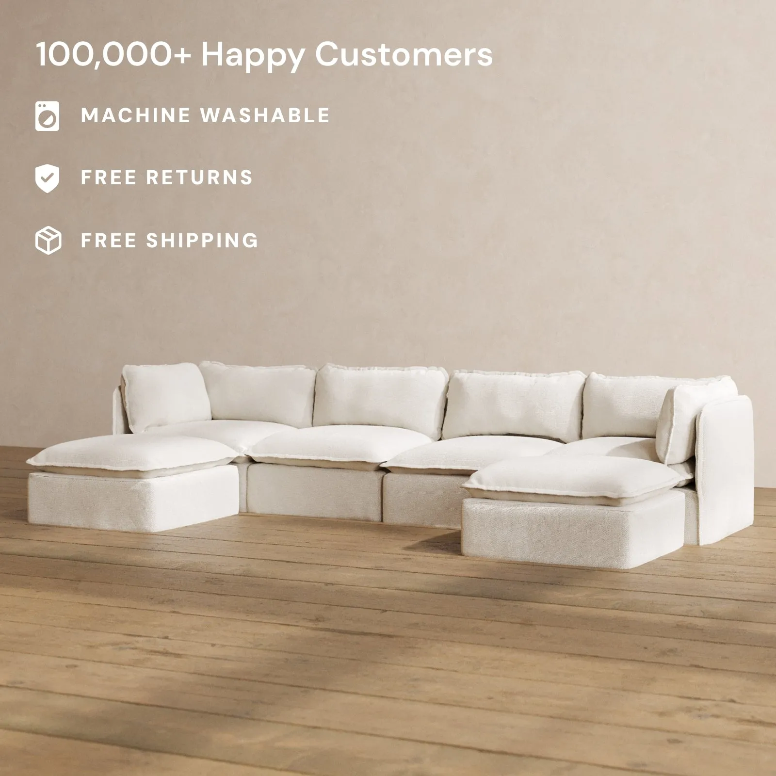 Modular Washable 4-Seater U-Sectional in Powder | Deluxe  Seat | Contour Pillow