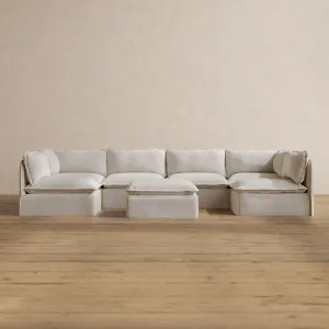 Modular Washable 6-Seater Open-Ends U-Sectional   Ottoman in Powder | Memorix  Seat | Contour Pillow