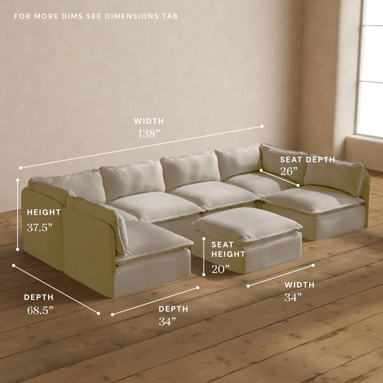 Modular Washable 6-Seater Open-Ends U-Sectional   Ottoman in Powder | Memorix  Seat | Contour Pillow
