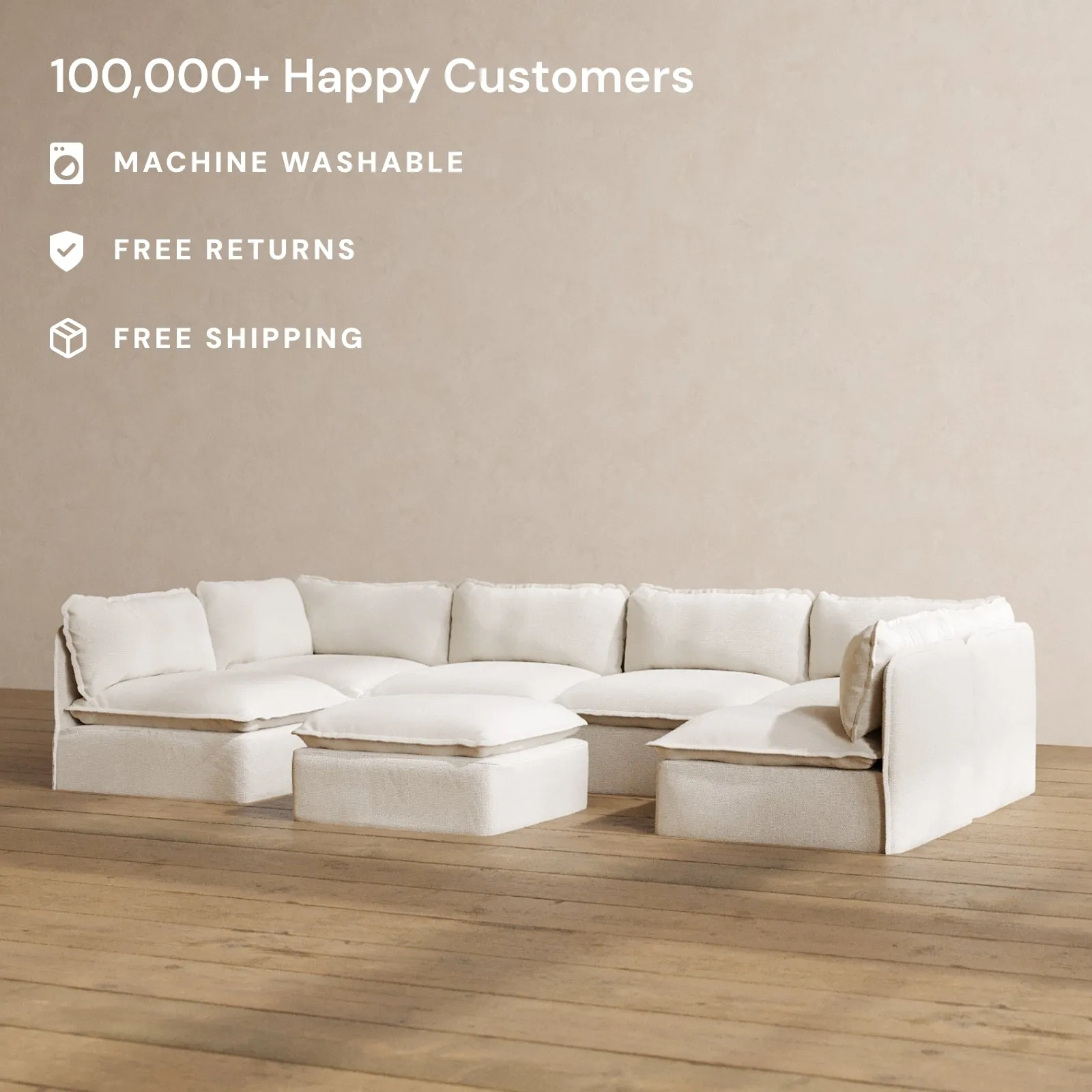 Modular Washable 6-Seater Open-Ends U-Sectional   Ottoman in Powder | Memorix  Seat | Contour Pillow