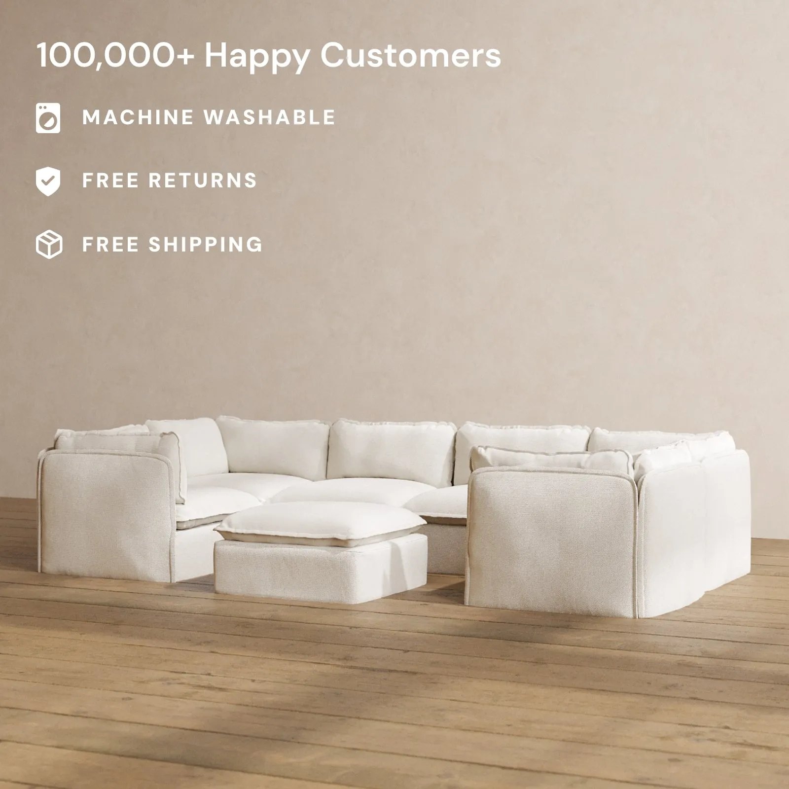 Modular Washable 6-Seater U-Sectional   Ottoman in Powder | Deluxe  Seat | Contour Pillow