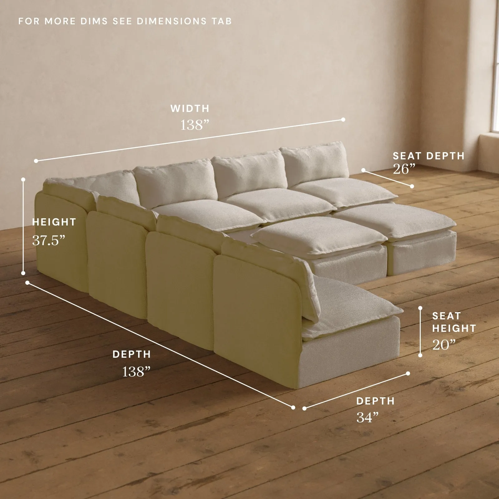 Modular Washable 7-Seater Open-Ends Corner Sectional   Bench Ottoman in Powder | Memorix  Seat | Contour Pillow