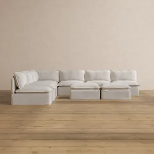 Modular Washable 7-Seater Open-Ends Corner Sectional   Bench Ottoman in Powder | Memorix  Seat | Contour Pillow