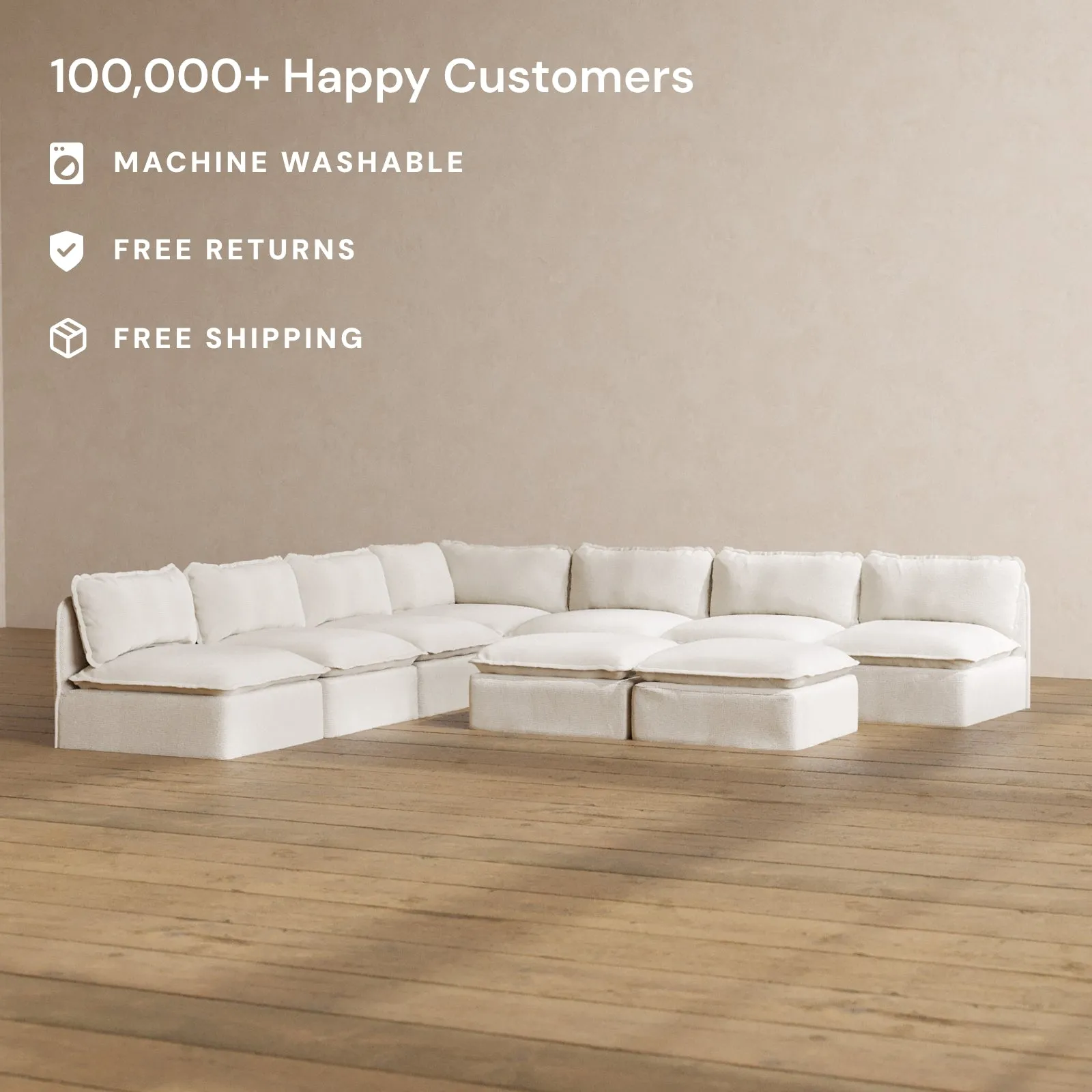 Modular Washable 7-Seater Open-Ends Corner Sectional   Bench Ottoman in Powder | Memorix  Seat | Contour Pillow