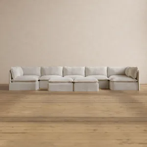 Modular Washable 7-Seater Open-Ends U-Sectional   Bench Ottoman in Powder | Memorix  Seat | Contour Pillow