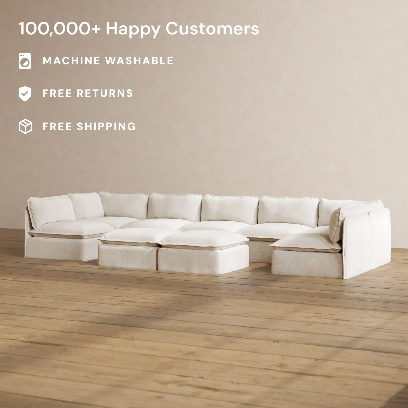 Modular Washable 7-Seater Open-Ends U-Sectional   Bench Ottoman in Powder | Memorix  Seat | Contour Pillow