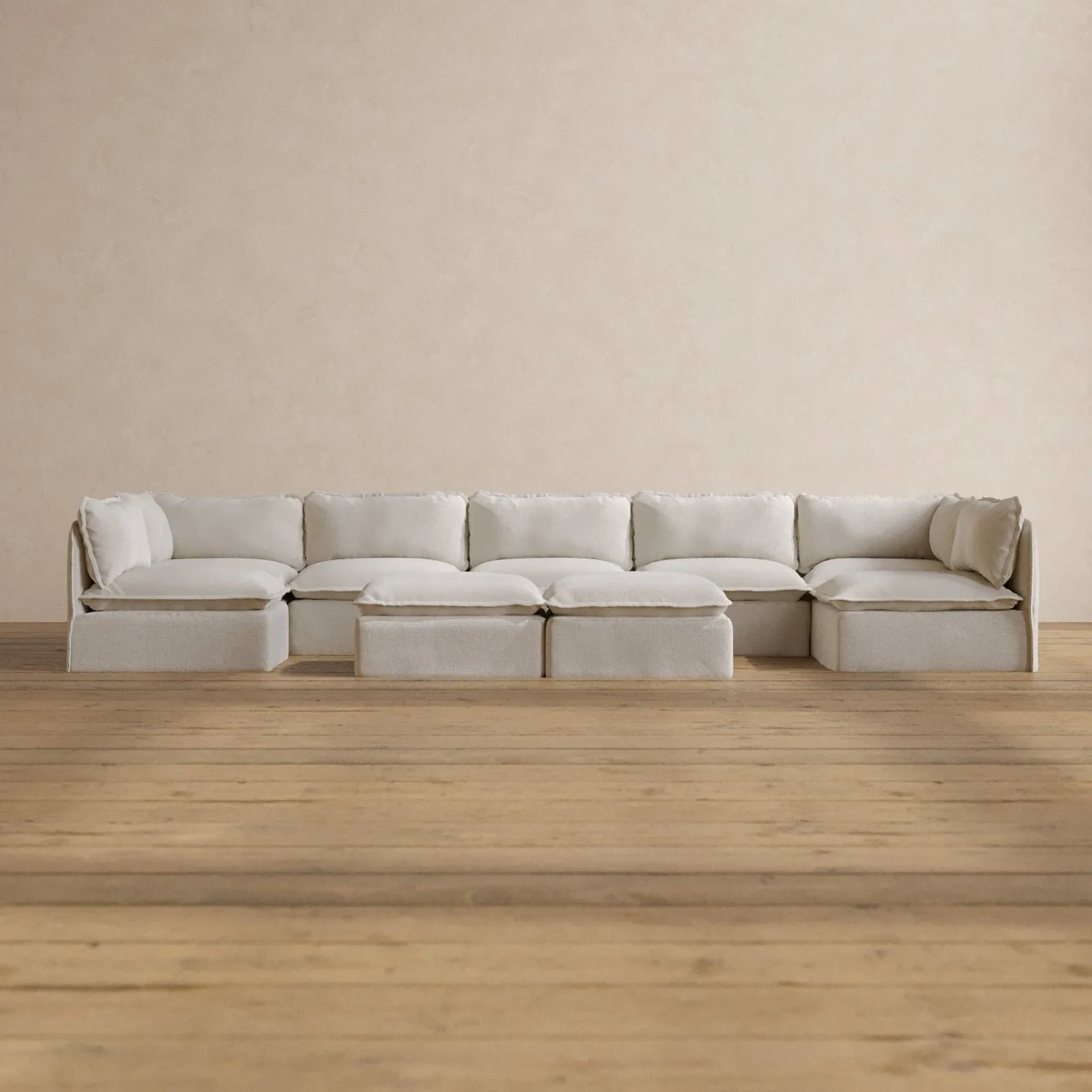 Modular Washable 7-Seater Open-Ends U-Sectional   Bench Ottoman in Powder | Memorix  Seat | Contour Pillow