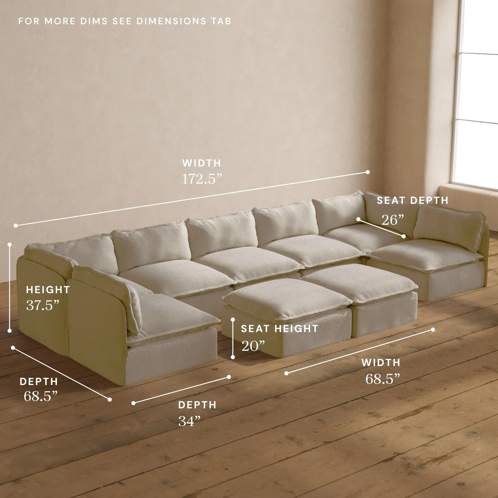 Modular Washable 7-Seater Open-Ends U-Sectional   Bench Ottoman in Powder | Memorix  Seat | Contour Pillow