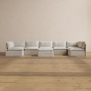Modular Washable 7-Seater Open-Ends U-Sectional   Ottoman in Powder | Deluxe  Seat | Contour Pillow