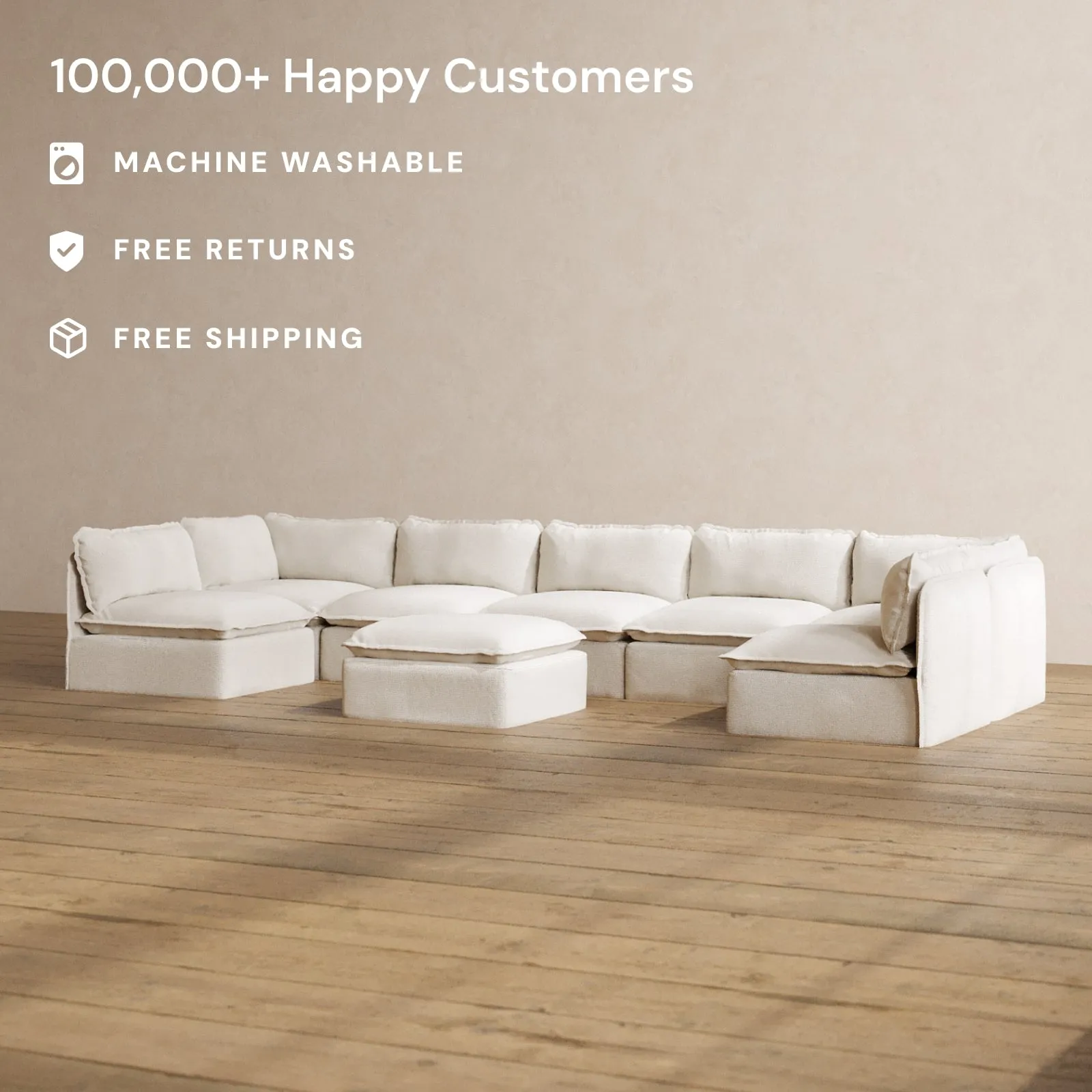 Modular Washable 7-Seater Open-Ends U-Sectional   Ottoman in Powder | Deluxe  Seat | Contour Pillow
