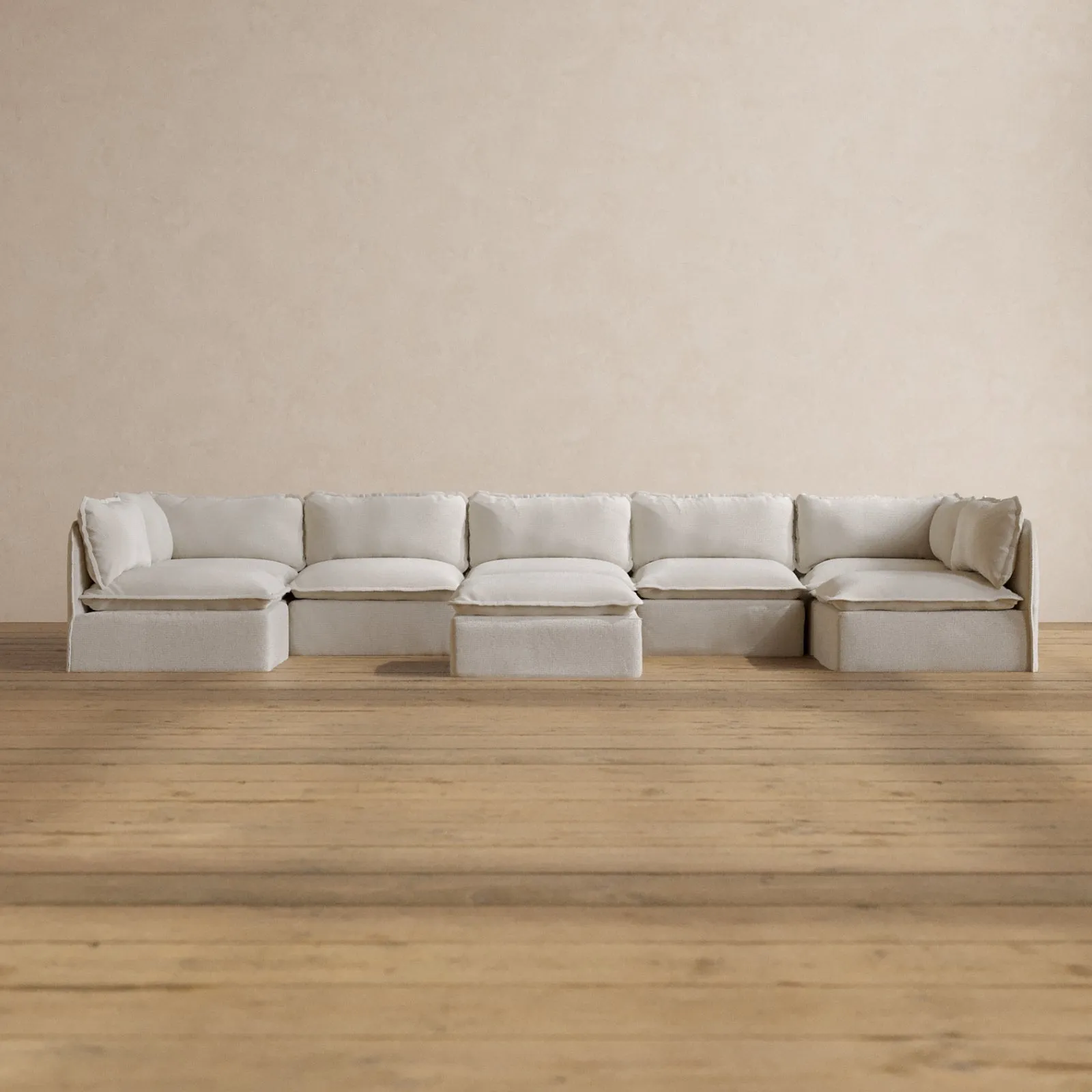 Modular Washable 7-Seater Open-Ends U-Sectional   Ottoman in Powder | Deluxe  Seat | Contour Pillow
