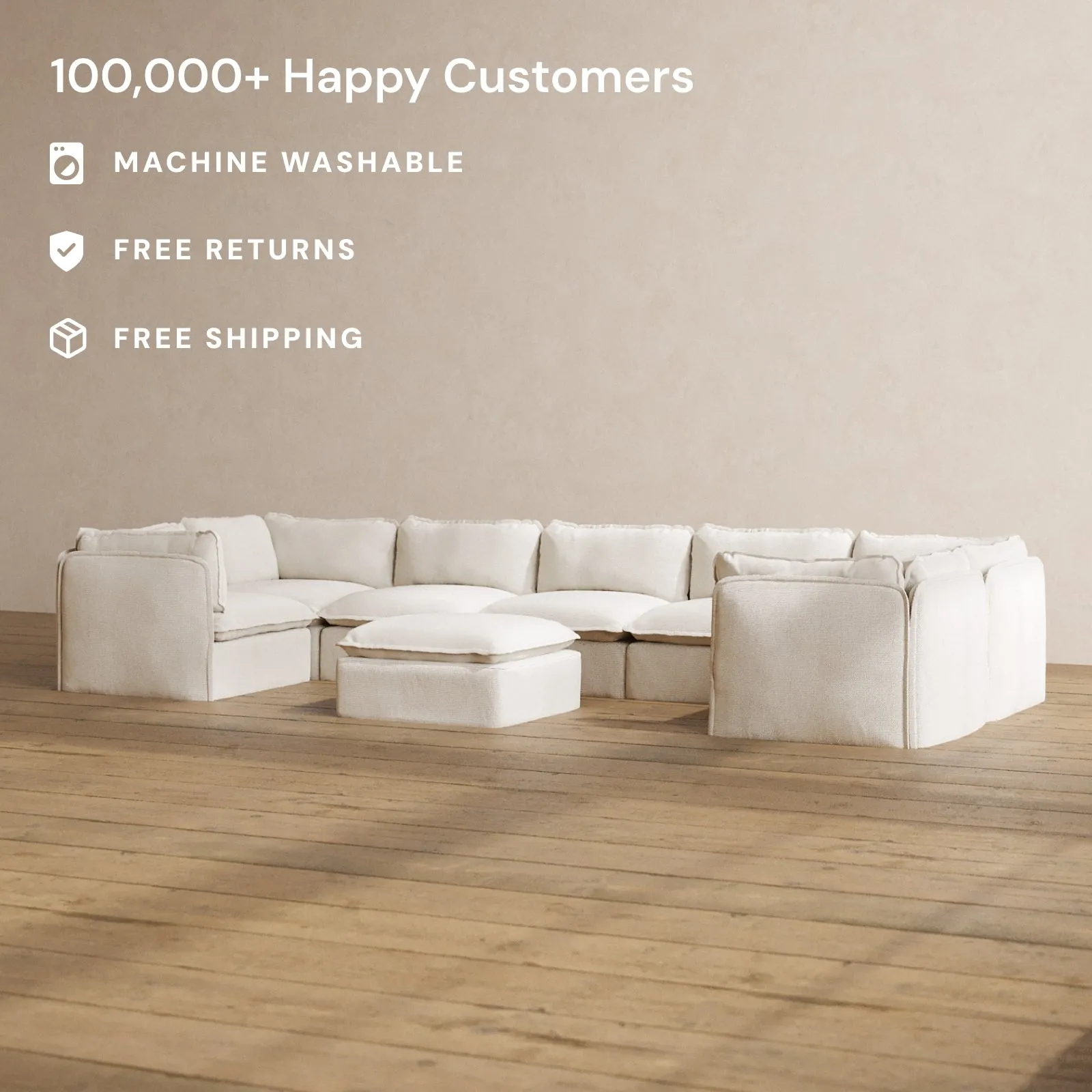 Modular Washable 7-Seater U-Sectional   Ottoman in Powder | Deluxe  Seat | Contour Pillow