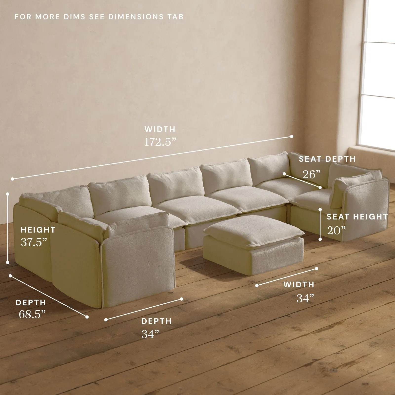 Modular Washable 7-Seater U-Sectional   Ottoman in Powder | Deluxe  Seat | Contour Pillow