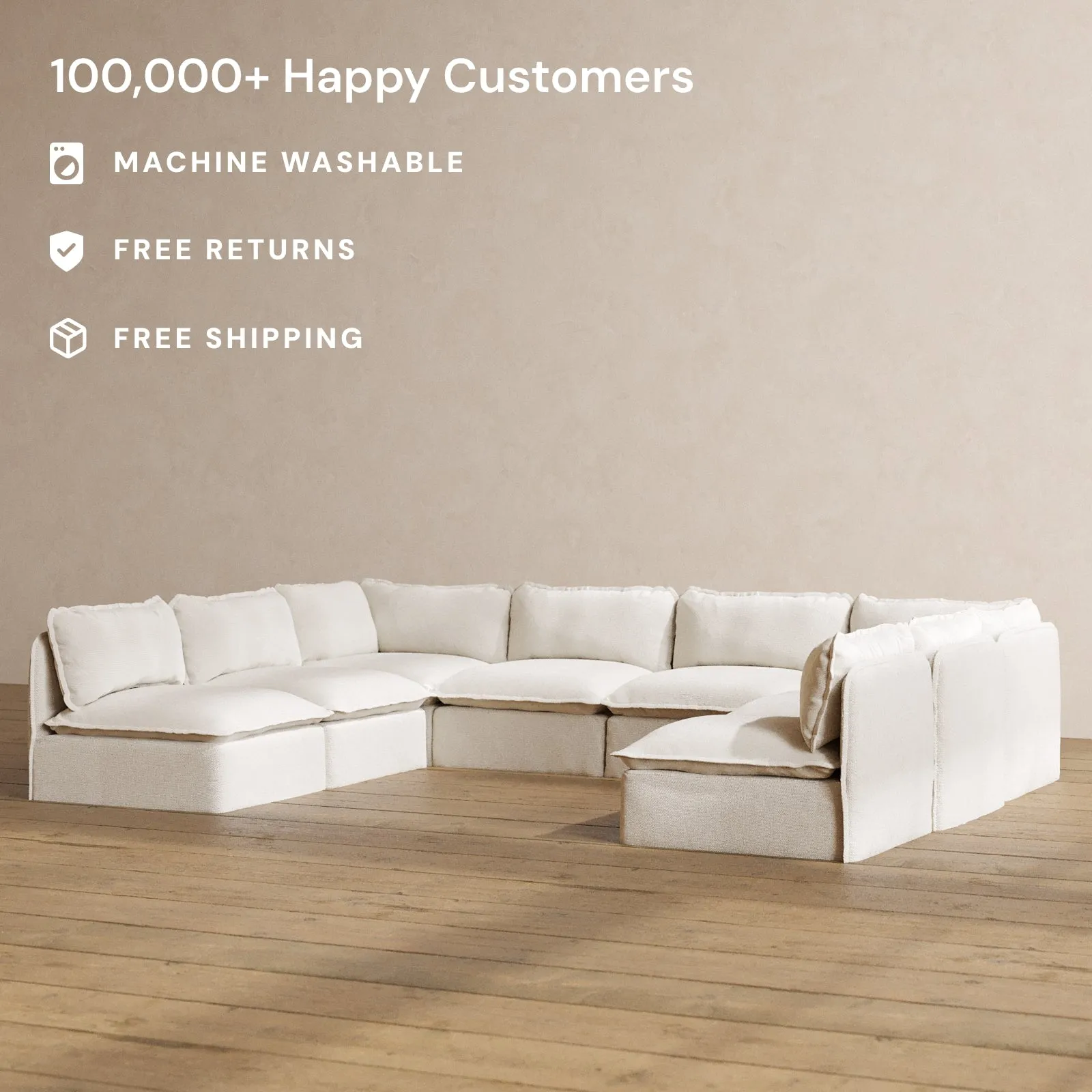 Modular Washable 8-Seater Open-Ends U-Sectional in Powder | Deluxe  Seat | Contour Pillow