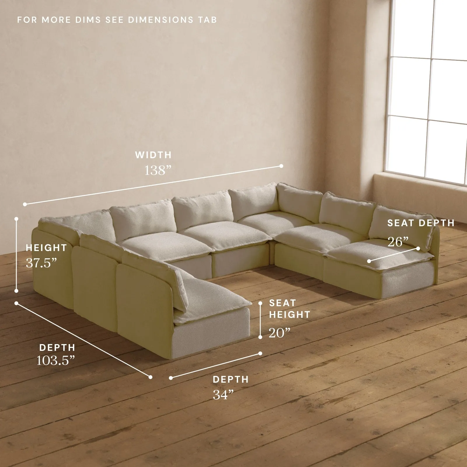 Modular Washable 8-Seater Open-Ends U-Sectional in Powder | Deluxe  Seat | Contour Pillow
