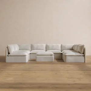 Modular Washable 8-Seater Open-Ends U-Sectional   Ottoman in Powder | Memorix  Seat | Contour Pillow