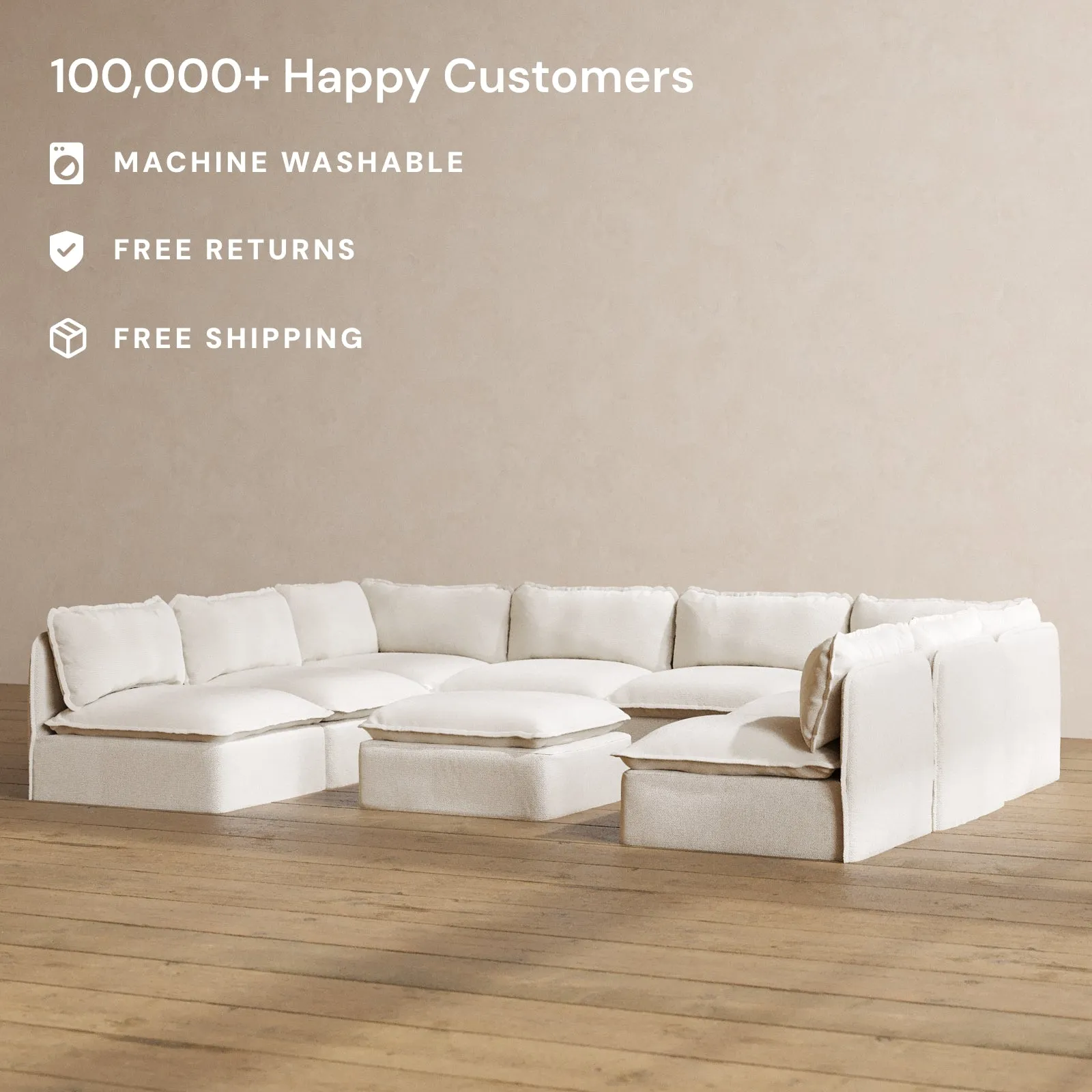 Modular Washable 8-Seater Open-Ends U-Sectional   Ottoman in Powder | Memorix  Seat | Contour Pillow