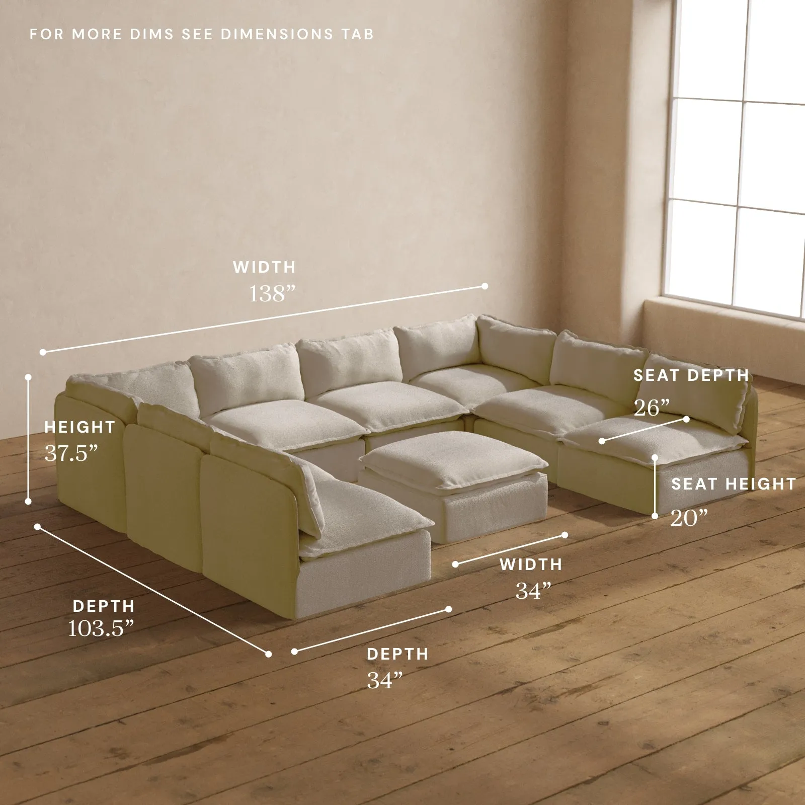 Modular Washable 8-Seater Open-Ends U-Sectional   Ottoman in Powder | Memorix  Seat | Contour Pillow