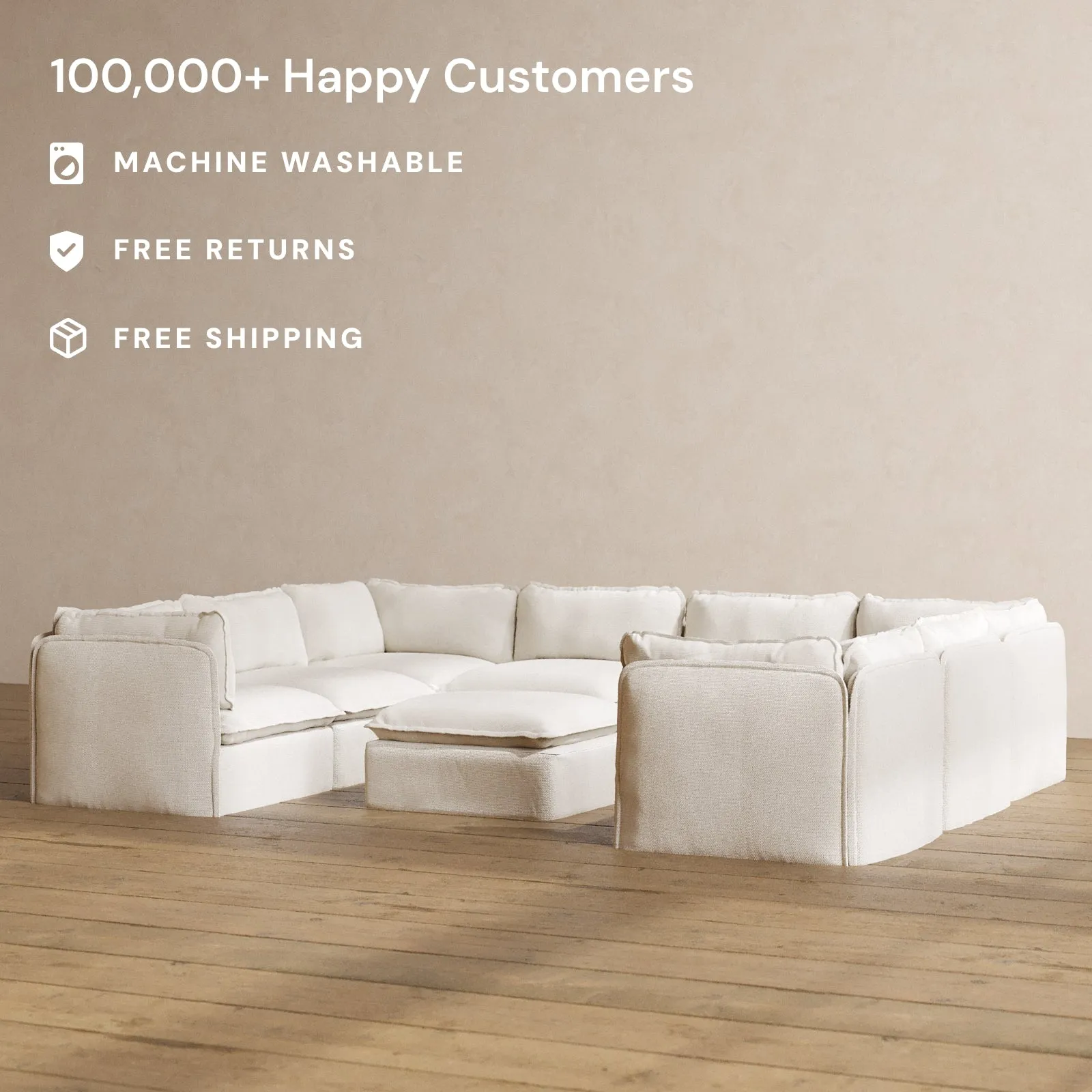 Modular Washable 8-Seater U-Sectional   Ottoman in Powder | Deluxe  Seat | Contour Pillow